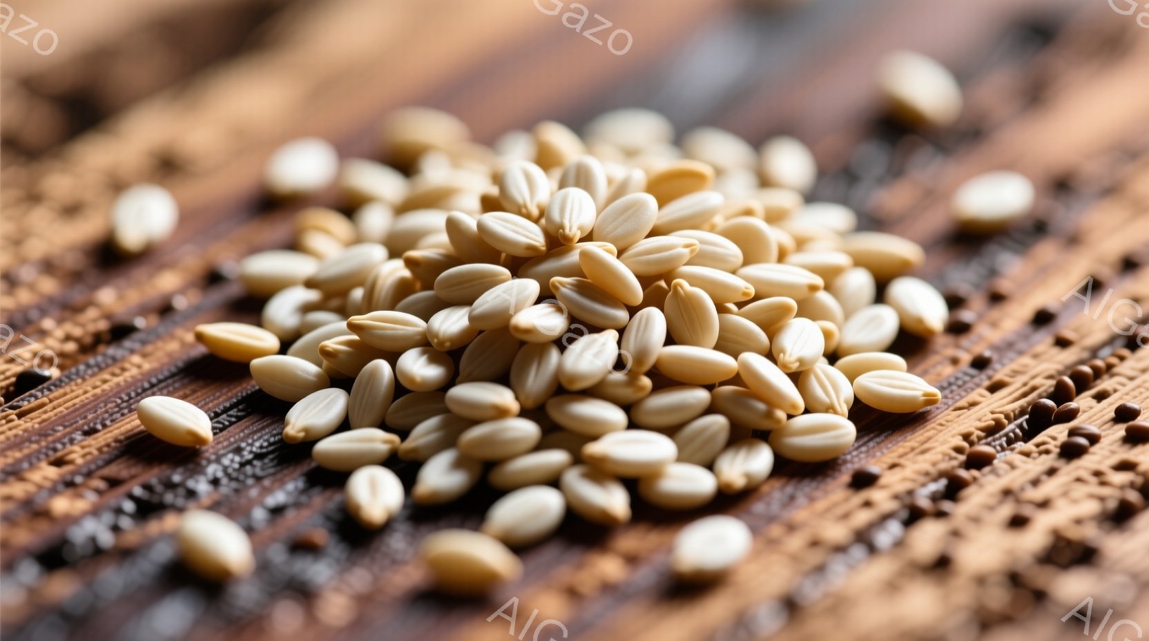 茶色の木目調の表面に散らばった、小さな楕円形のクリーム色の穀物が写っています。穀物は密集して中央に集まり、表面全体にばらまかれています。背景は、穀物の質感と色合いを際立たせる、規則的な木目模様が特徴です。