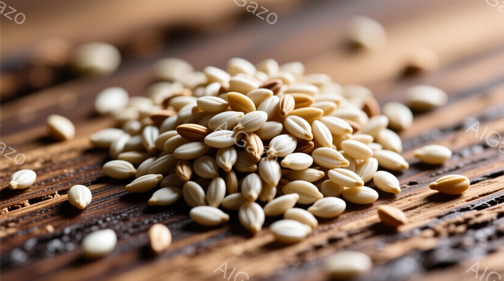 茶色い木製の背景の上に、小さな淡黄色の穀物が散りばめられています。それらは豆のような形をしており、密集して集まって配置されています。全体的に暖色系の色調で、素朴で自然な雰囲気を醸し出しています。