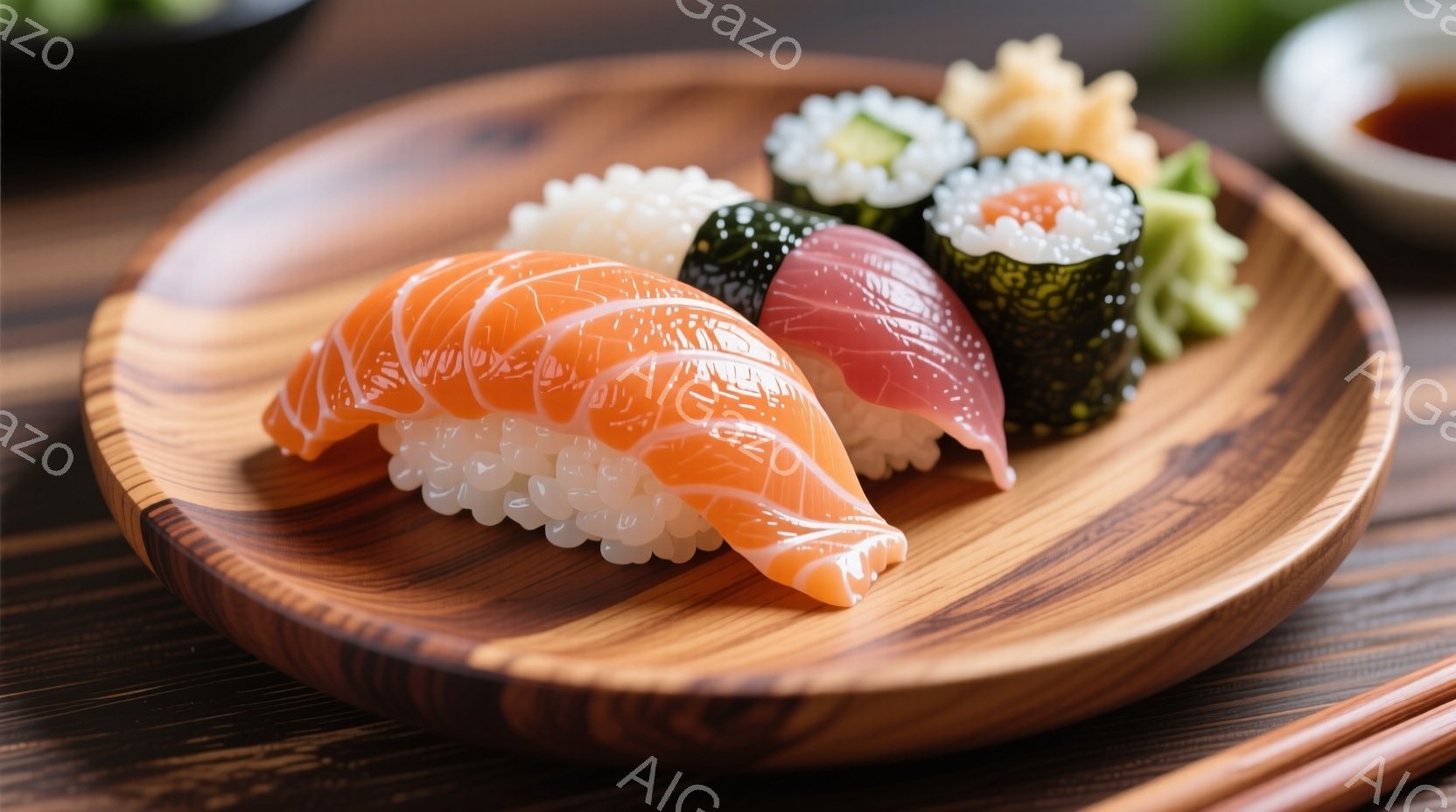 浅い木製の皿に、サーモン、マグロ、そして海苔巻きの握り寿司が盛り付けられています。寿司飯は白く、ネタの色鮮やかさが際立っています。背景には、さらに別の皿や箸が見え、本格的な寿司料理の雰囲気が漂います。 - AI生成フリー素材