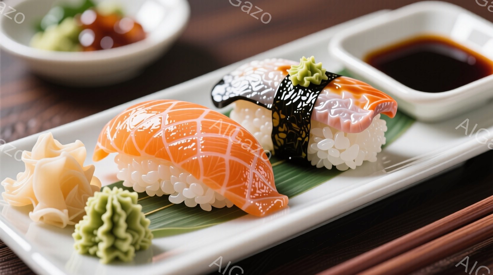 白い皿の上に、鮭の握り寿司が3つ、可愛らしいエビの形をした寿司が1つ並んでいます。寿司には緑色のワサビが添えられ、その背景には竹の葉が敷かれ、茶色の木製のテーブルがわずかに見えます。全体的に明るく、美 - AI生成フリー素材