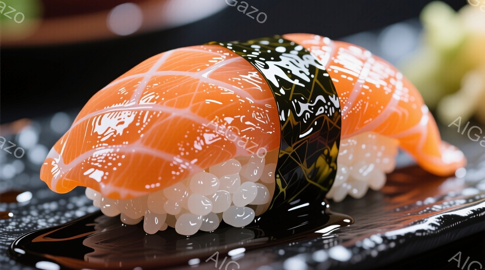 鮮やかなオレンジ色の鮭の握り寿司が、黒い海苔でしっかりと巻かれています。下には白い粒状の醤油が散りばめられ、光沢のある黒い皿の上に置かれています。背景は暗く、他の寿司の縁が見えることから、寿司レストラ - AI生成フリー素材