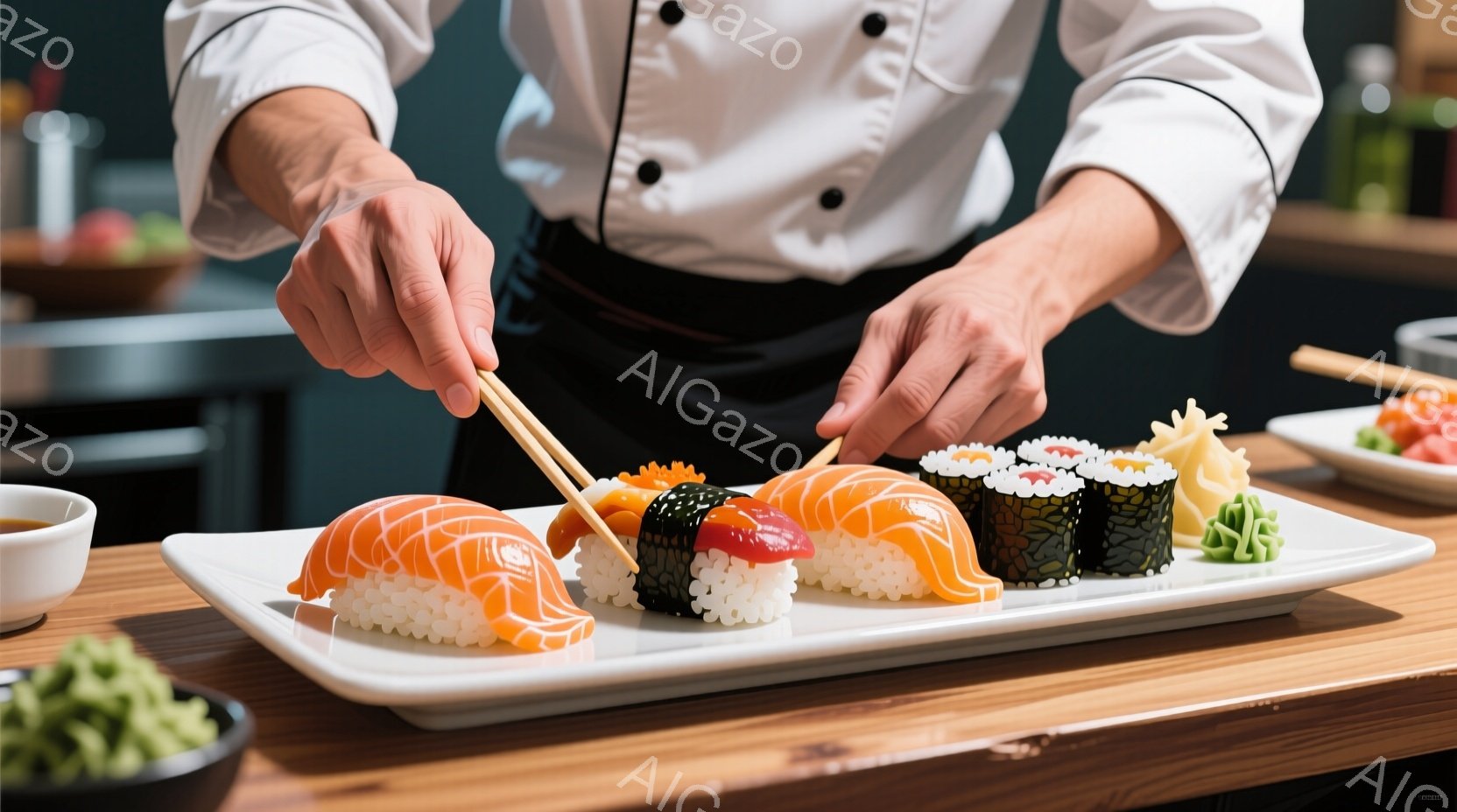 白いコックコートを着た人が、寿司の盛り合わせの前に立っている。寿司はサーモン、マグロ、エビなど、様々な種類があり、白い皿に美しく並べられている。背景には、調理器具や食材がぼんやりと見え、料理に集中している様子が伝わる。