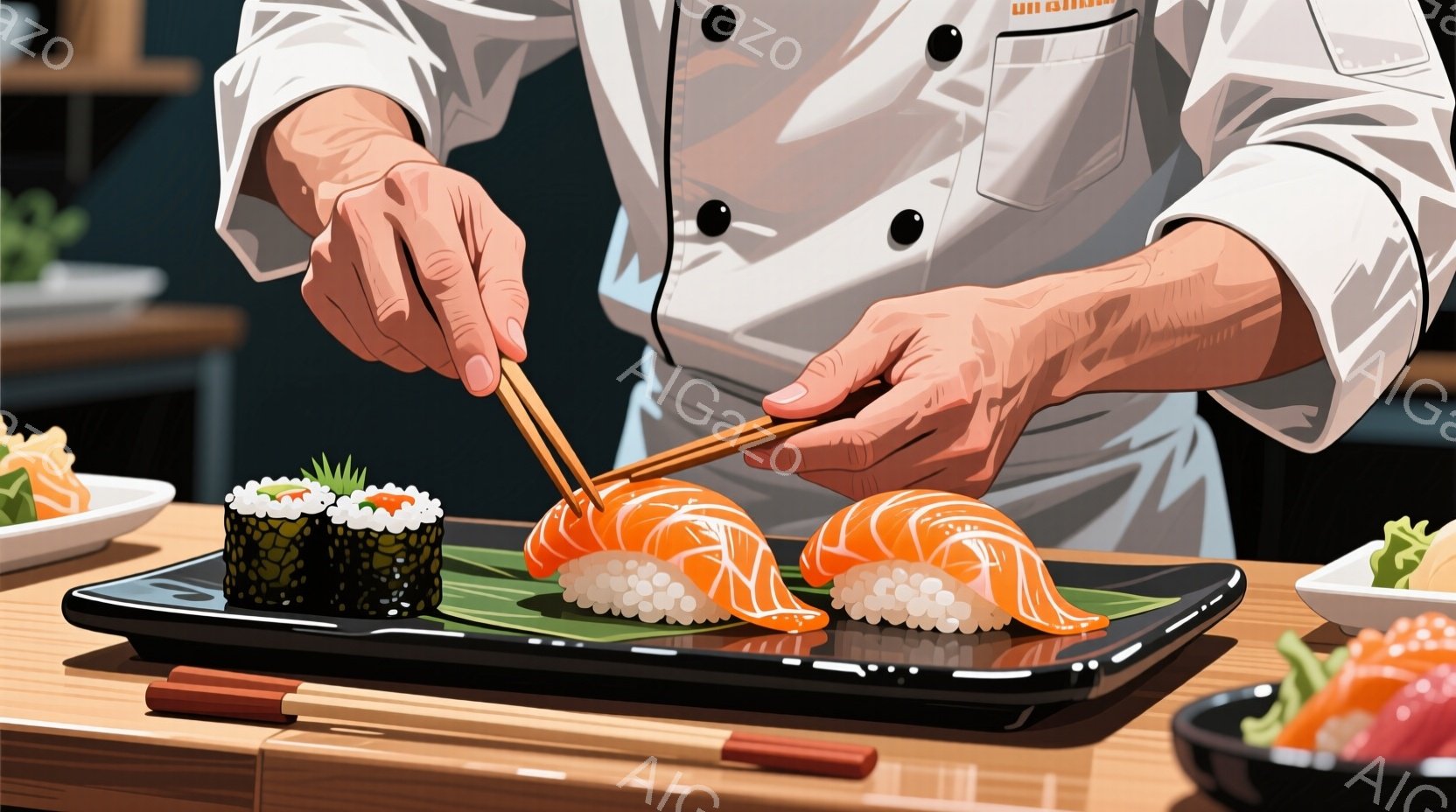 寿司職人が握ったばかりのサーモン寿司を盛り付けている様子が描かれています。白のコックコートを着用し、手には寿司を掴むための菜箸が握られています。背景には、木製のテーブルと、寿司の盛り付けに使われた黒い長方形の皿が見え、明るく清潔な雰囲気です。