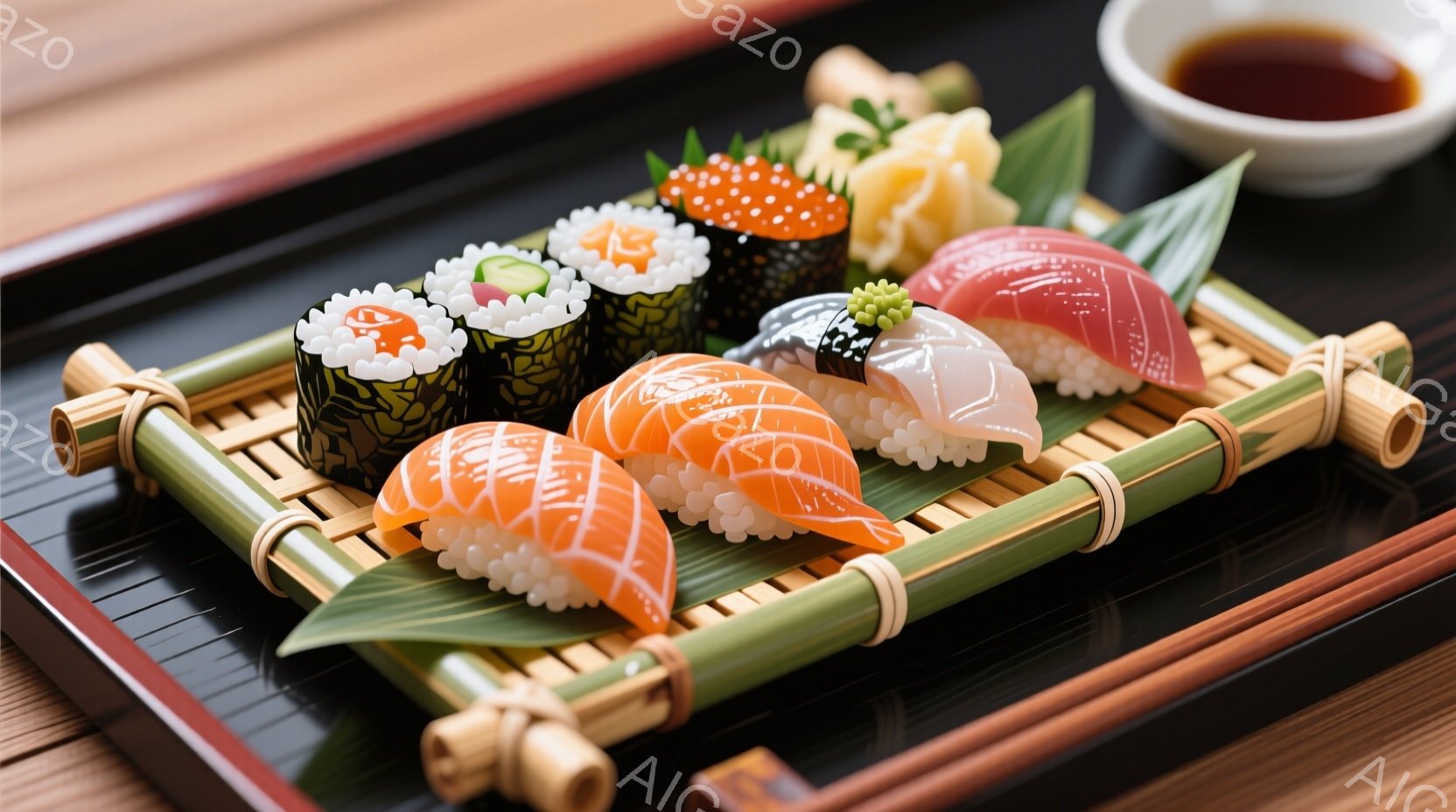 鮮やかな寿司の盛り合わせが、竹製の器に美しく並べられています。サーモン、エビ、イクラ、マグロなど、様々な種類の寿司が、緑色の葉とピンク色の生姜のアクセントと共に、黒い漆塗りのトレイに置かれています。醤油を入れた小さな器が隣に添えられており、食欲をそそる、上品で洗練された雰囲気を醸し出しています。