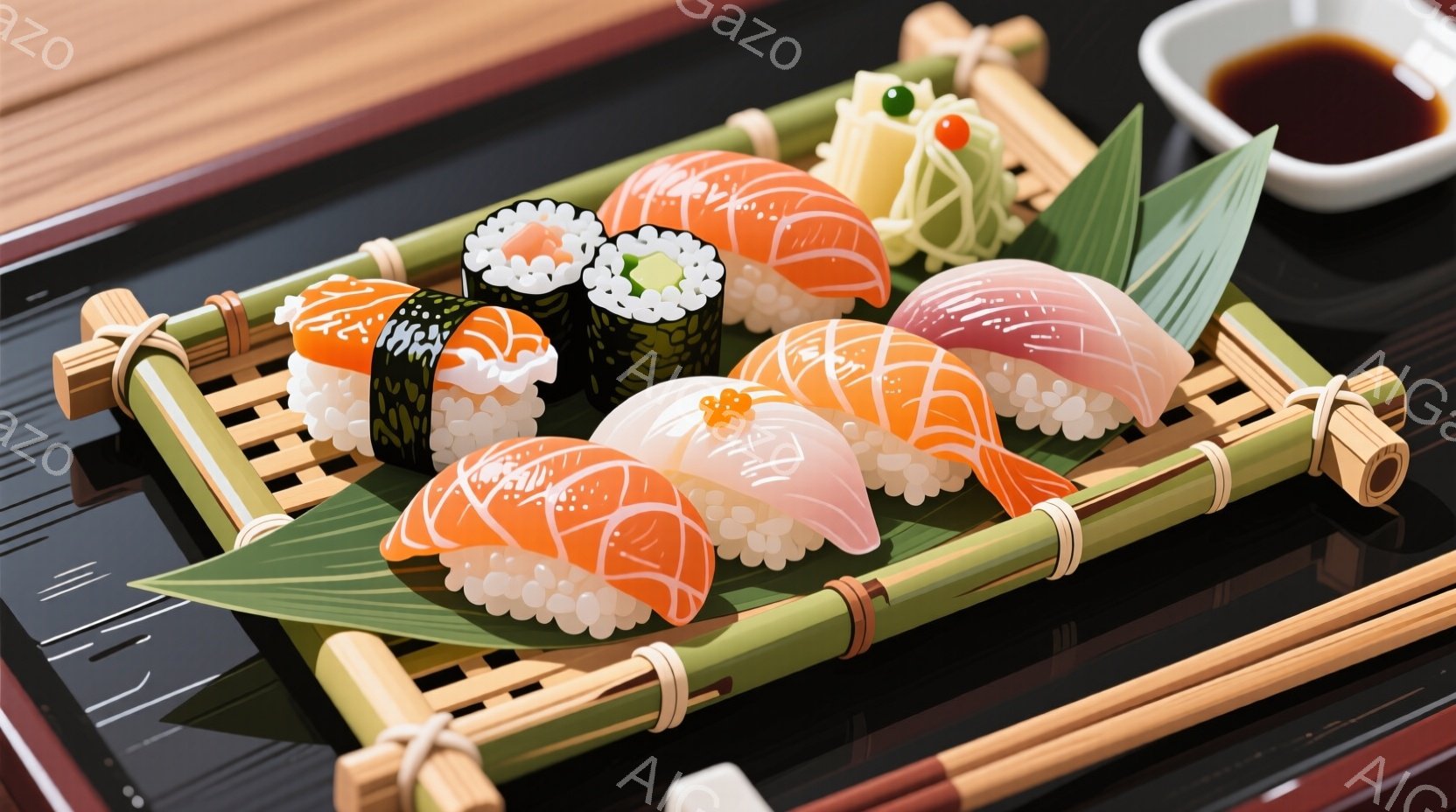 鮮やかな寿司の盛り合わせが、竹製の器に美しく並べられています。様々な種類の握り寿司や巻き寿司が、緑色の葉やオレンジ色のイクラと共に、黒い漆塗りの膳の上で輝きを放っています。全体として、シンプルながらも上品で、食欲をそそる雰囲気が漂っています。
