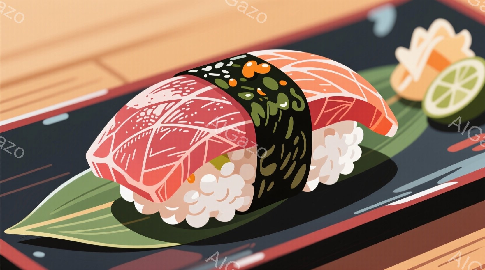 鮮やかなピンク色のサーモンが乗った握り寿司が、緑色の海苔と白いご飯と共に描かれています。寿司は葉っぱの上に置かれ、奥にはオレンジ色のガリ（生姜の漬物）が添えられています。背景は暗い木目調で、寿司の色彩が際立っています。