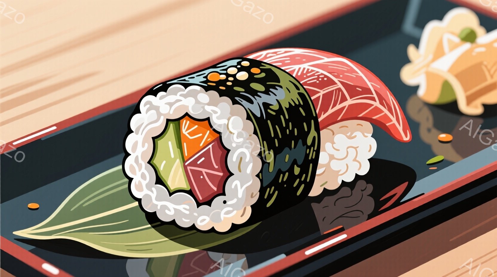 鮮やかな寿司の盛り合わせが、赤い縁取りのある黒い長方形の皿に飾られています。手前に海苔、紅芯ガニ、キュウリ、卵などの具材が詰まった太巻き寿司があり、奥にはサーモンと卵の握り寿司が見えます。寿司の周りには緑色の葉と数滴の水滴があり、全体的に食欲をそそる雰囲気です。