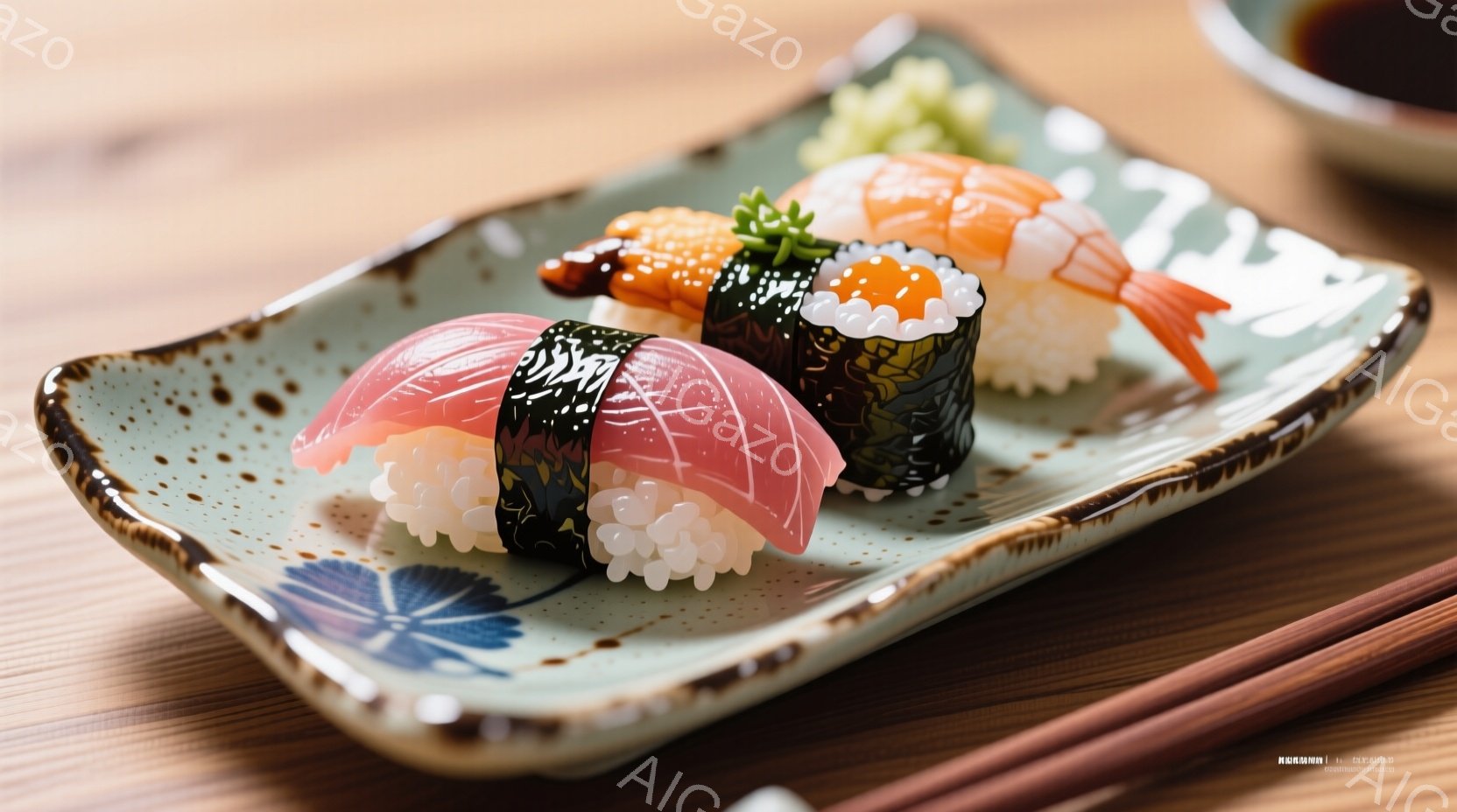 鮮やかな青色の長方形の皿に、数個の握り寿司が並べられています。サーモン、マグロ、エビなどのネタがそれぞれ美しい盛り付けで、緑色のわさびとピンク色の生姜が添えられています。木製のテーブルが背景に見え、全体的に上品で食欲をそそる雰囲気が漂っています。