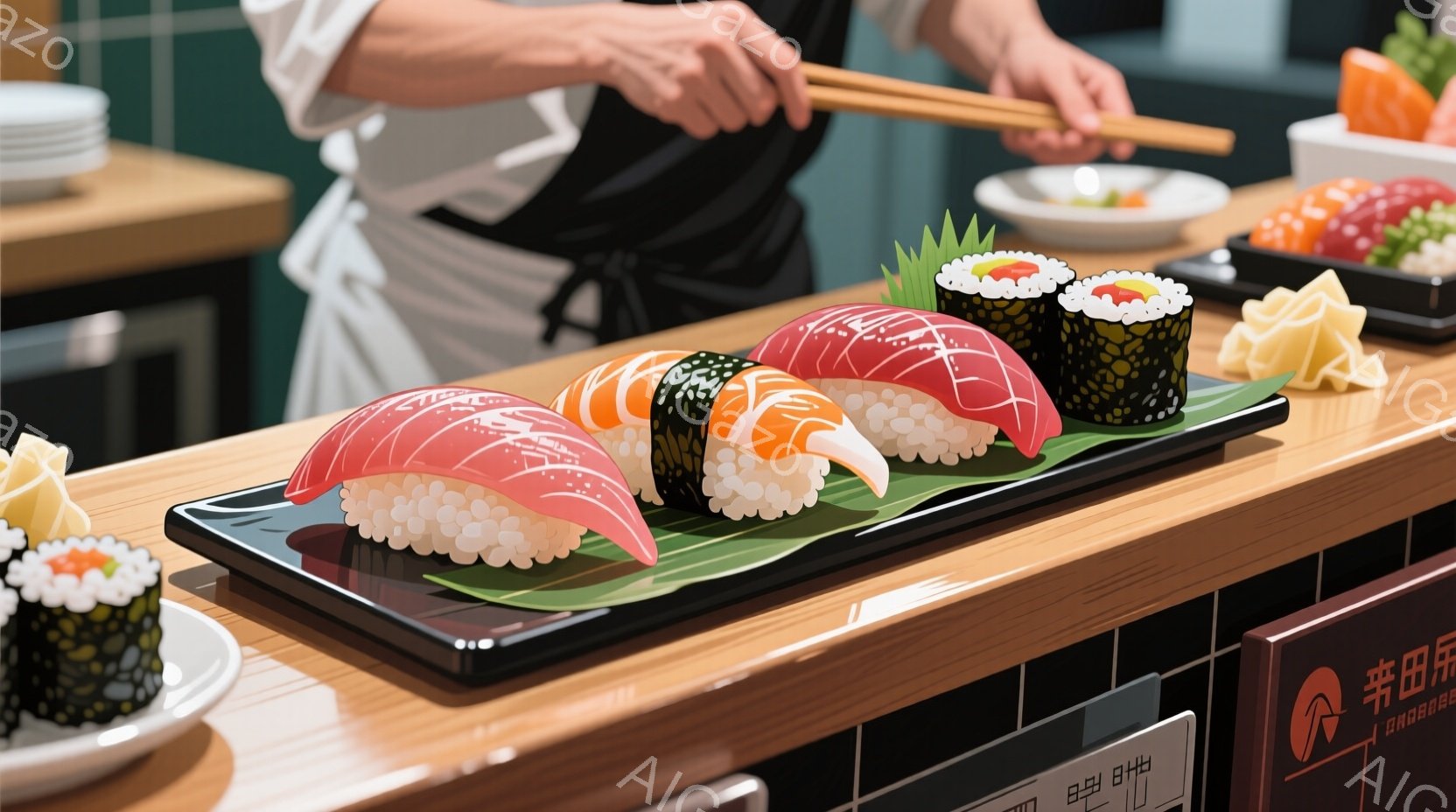 鮮やかな寿司が黒い皿に並べられ、緑色の葉の上に置かれている。背景には、白い制服を着た寿司職人が作業している様子がぼやけて見える。木目調のカウンターと暗い背景が、寿司の色彩を引き立て、食欲をそそる雰囲気 - AI生成フリー素材