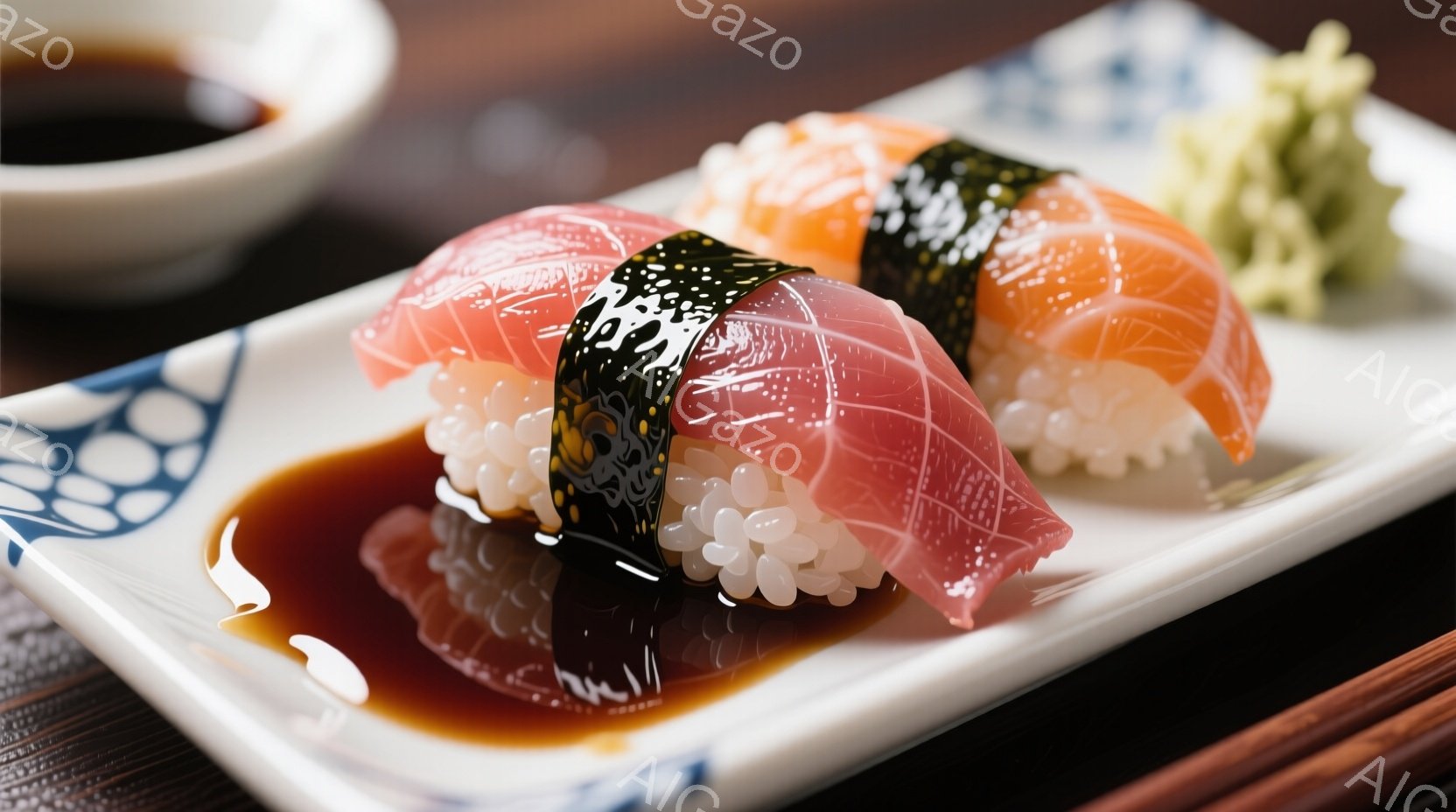 白い長方形の皿に、美しい盛り付けの握り寿司が三切れ並んでいます。赤身のマグロとサーモンが鮮やかな色合いで、海苔とシャリを挟んでいます。背景には、醤油が入った小さな皿と、わさびの緑が見え、全体的に食欲を - AI生成フリー素材