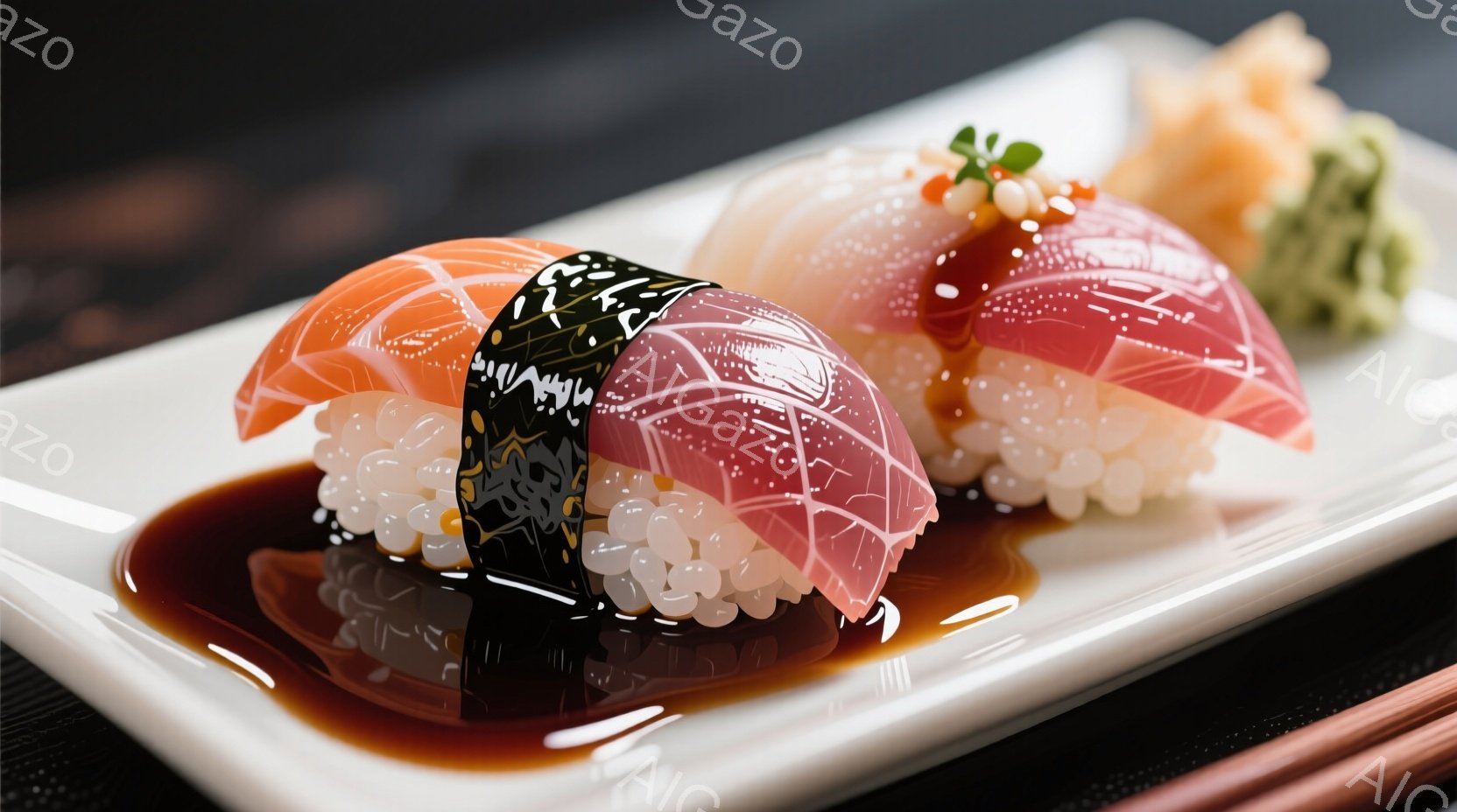 白い長方形の皿に、様々な種類の握り寿司が並べられています。マグロ、サーモン、エビなどのネタが、シャリの上に乗せられ、醤油が添えられています。背景には、黒い卓上と箸がわずかに見え、料理の引き立てとなっています。