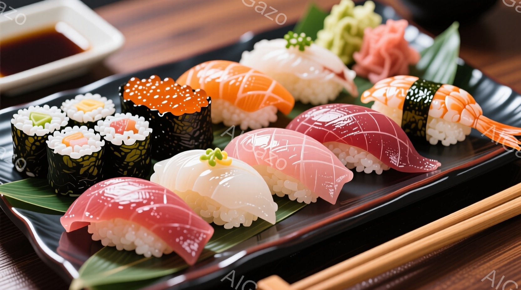 艶やかな寿司が黒い皿の上に美しく並べられています。マグロ、サーモン、エビ、イカなどの様々な種類の寿司が、緑色の葉とピンク色の生姜のアクセントで彩られています。背後には、醤油が入った小さな皿と、寿司をつ - AI生成フリー素材