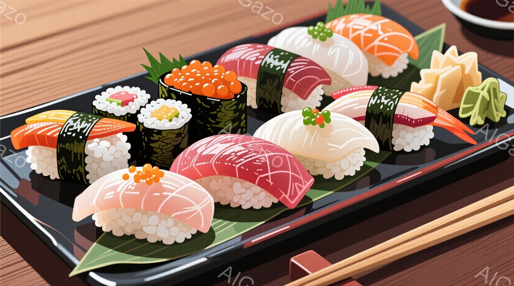 黒い長方形の皿に、様々な種類の寿司が美しく盛り付けられています。マグロ、サーモン、エビ、イクラなどのネタが使われており、緑色の葉っぱの飾りと一緒におしゃれな盛り付けになっています。背景は木目調で、隣に - AI生成フリー素材