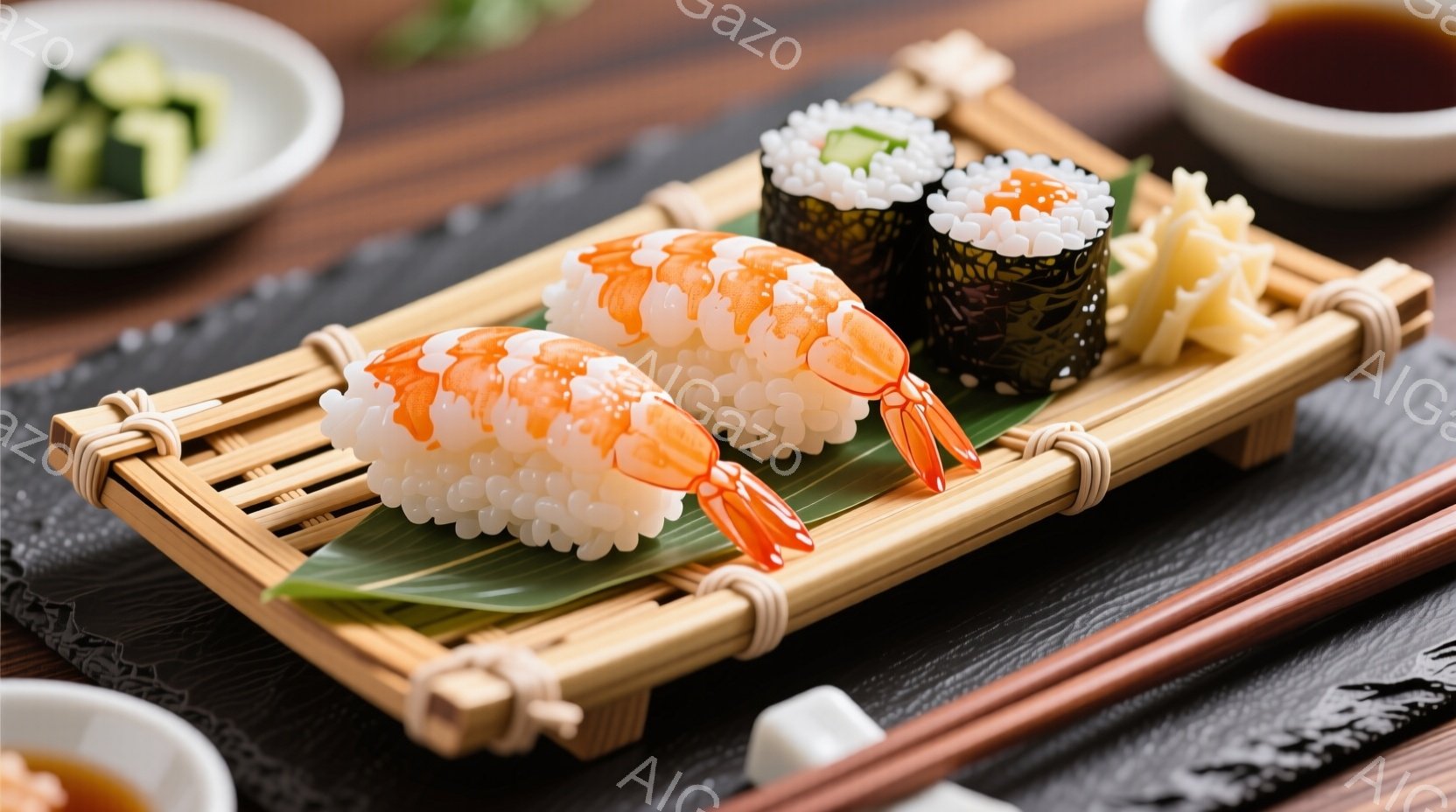 竹製の皿の上に、エビの乗った握り寿司と、細巻き寿司が並べられています。 鮮やかなオレンジ色のエビと、海苔の黒、ご飯の白がコントラストを生み、添えられたガリ（生姜の甘酢漬け）も食欲をそそります。 背景には、醤油が入った小皿と箸が見え、本格的な日本の食事の雰囲気が漂っています。