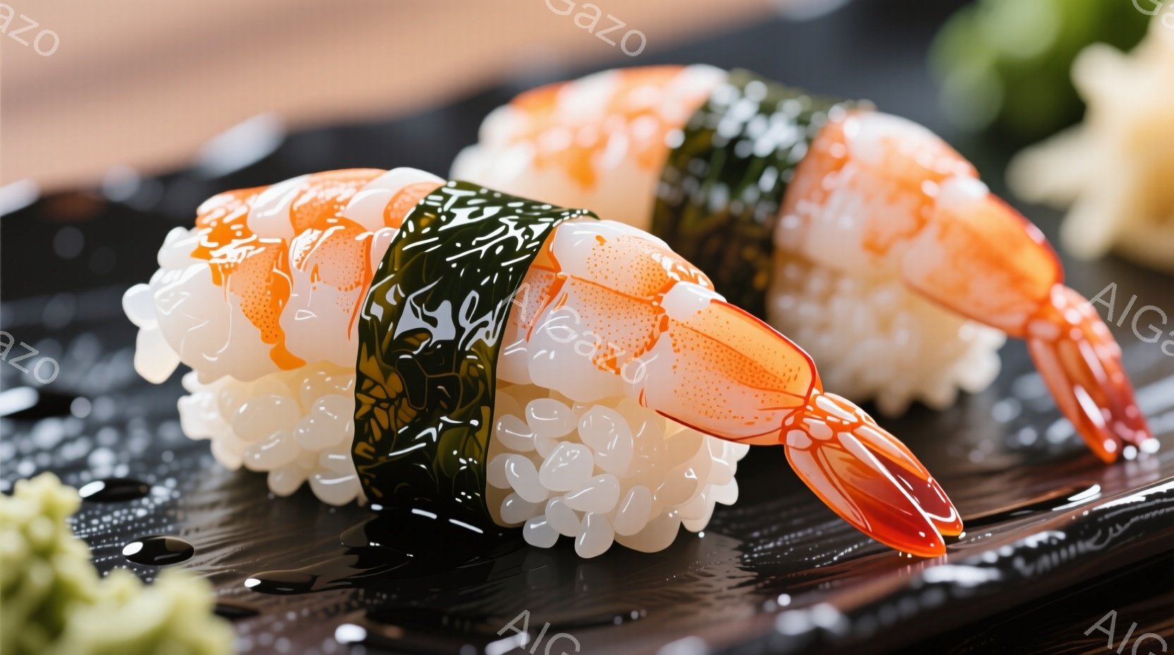 海老の寿司が皿の上に置かれており、シャリと海苔で巻かれ、鮮やかなオレンジ色の海老が乗っています。皿は黒色で光沢があり、背景には緑色の添え物がぼやけて見えます。全体的に、新鮮で食欲をそそる印象を与える美しい寿司の写真です。