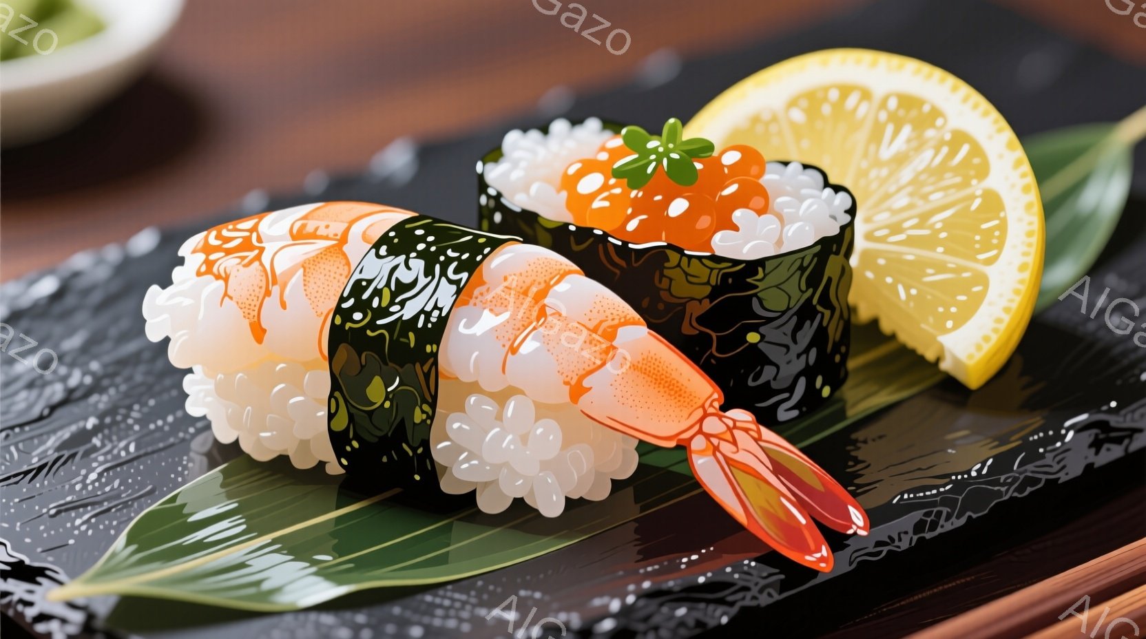 寿司の盛り合わせが写っています。エビとイクラの乗った寿司が、緑色の葉の上に置かれ、レモンの切れ端が添えられています。背景は漆塗りのトレーで、全体的に食欲をそそる、鮮やかな色彩と照らしが印象的です。