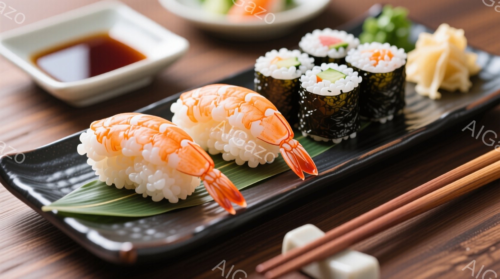 黒い長方形の皿に、エビの乗った寿司と細巻き寿司が並んでいます。皿の端には、甘酢漬けの生姜と白い塊があり、背景には茶色の木製のテーブルが見えます。全体として、新鮮な寿司の盛り合わせが美味しそうに表現されており、和やかな食卓の雰囲気が漂っています。