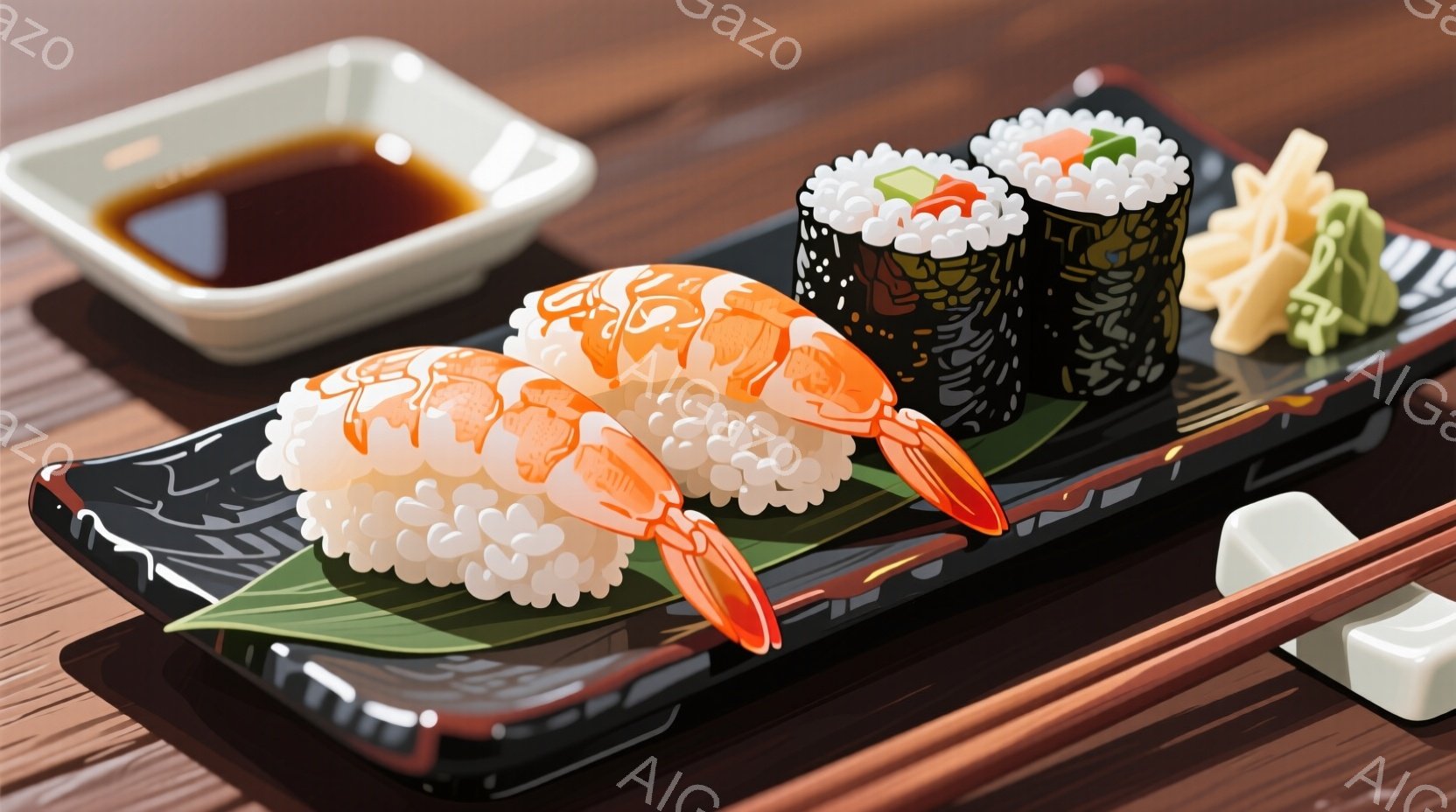 鮮やかなオレンジ色の海老が乗った握り寿司が二つ、黒いお皿の上に飾られています。海苔で巻かれた細い巻き寿司も添えられ、背景には木製のテーブルと醤油の入った白い小さな皿が見えます。全体的に、日本の伝統的な食文化を感じさせる、上品で食欲をそそる雰囲気です。