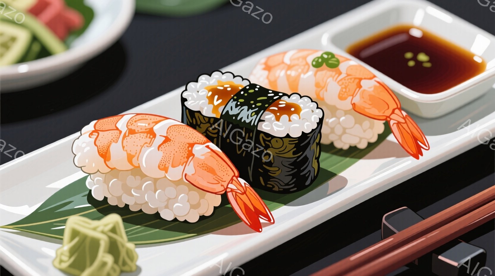 白い皿にエビの乗った寿司が三つ並んでいます。寿司の下には緑色の葉が敷かれ、奥には醤油の入った小さな白い容器と、さらに奥には刻んだ生姜があります。全体的に、おいしそうな寿司の盛り合わせが目に留まり、食欲をそそる雰囲気が漂っています。