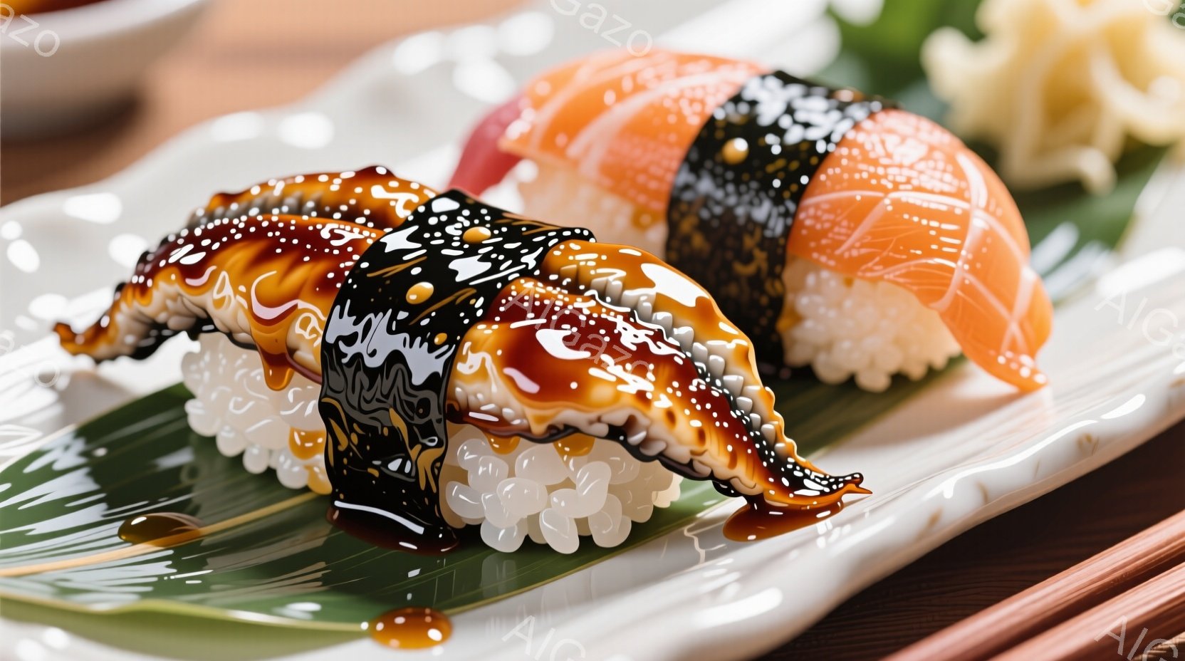 白い皿の上に、ネギトロとサーモンのお寿司が並んでいる。ネギトロはとろっとした質感で、黒と白のマーブル模様が特徴的で、光沢のある醤油がかかっている。背景には竹の葉が敷かれており、お寿司の鮮やかさを引き立てている。