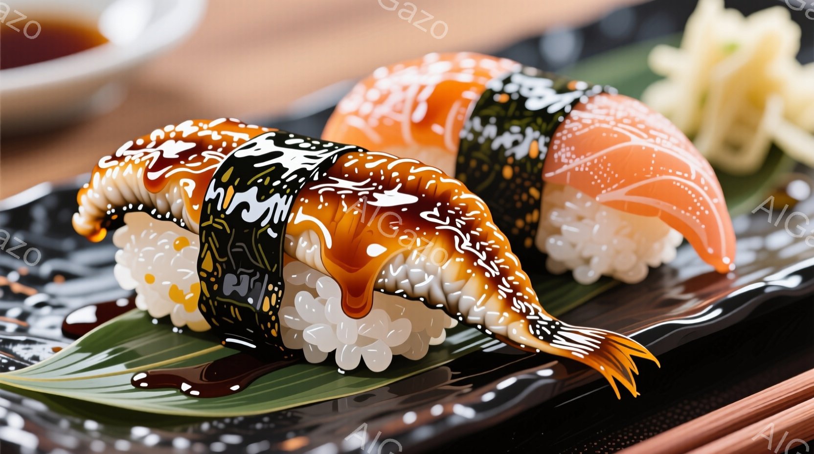 鮮やかなオレンジ色の身と黒い海苔で覆われた寿司が2切れ、緑色の葉の上に置かれています。寿司の表面には白い模様が描かれ、醤油と生姜の漬物と共に黒い皿に盛り付けられています。全体的に、美しく盛り付けられた - AI生成フリー素材