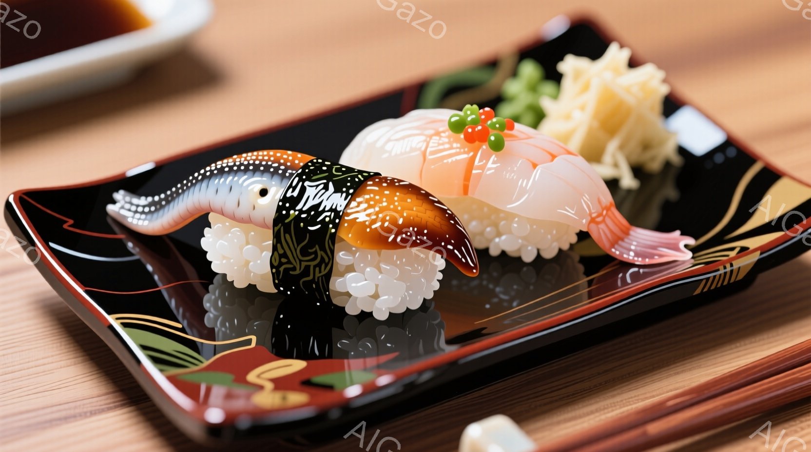 鮮やかな緑の竹の葉の上に、ユニークな寿司のキャラクターがいます。黒とオレンジの模様が施された体は寿司の海苔巻きのようで、頭にはイクラが乗っています。表情は少しユーモラスで、舌をペロリと出した姿が愛らし - AI生成フリー素材