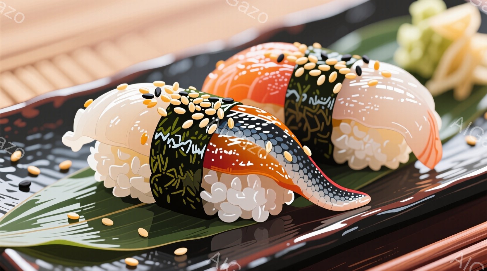 鮮やかな寿司が黒い皿の上に並べられています。マグロ、サーモン、エビと思われる寿司が、緑色の葉と山盛りのワサビと共に、光沢のある表面で美しく配置されています。全体的に、洗練された、食欲をそそる雰囲気が漂 - AI生成フリー素材