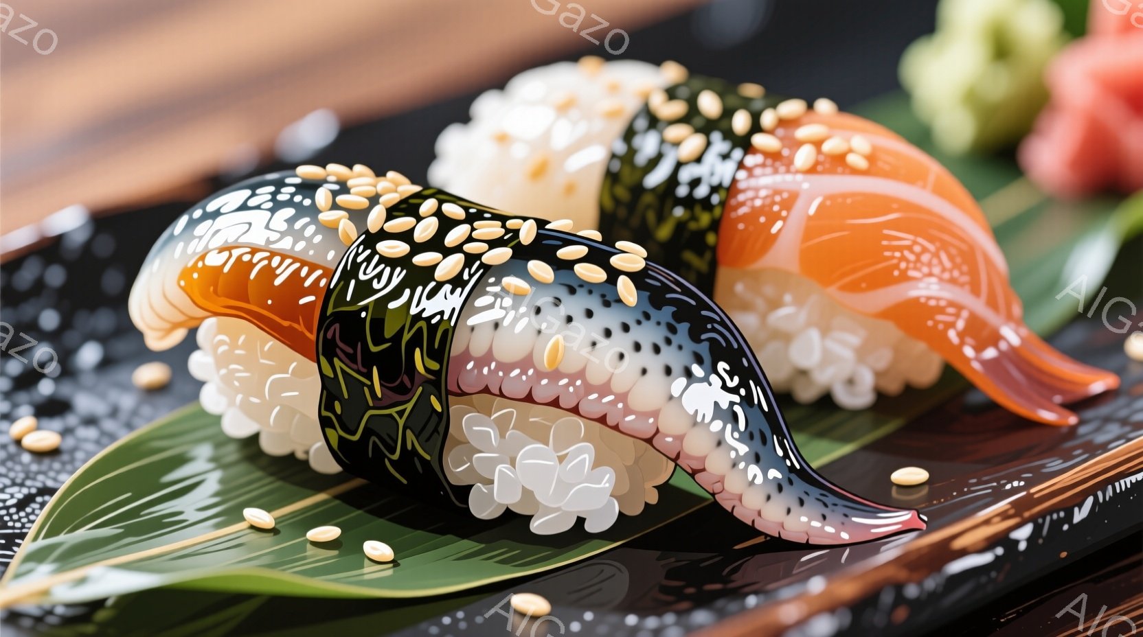 鮮やかなオレンジ色の身と黒い縞模様が特徴的な魚の寿司が、白いご飯と緑色の海苔で包まれています。寿司は、薄い緑色の葉の上に置かれ、全体的に散りばめられたゴマがアクセントになっています。背景には、同様の寿司と、わずかに見える緑色の植物がぼんやりと見えます。