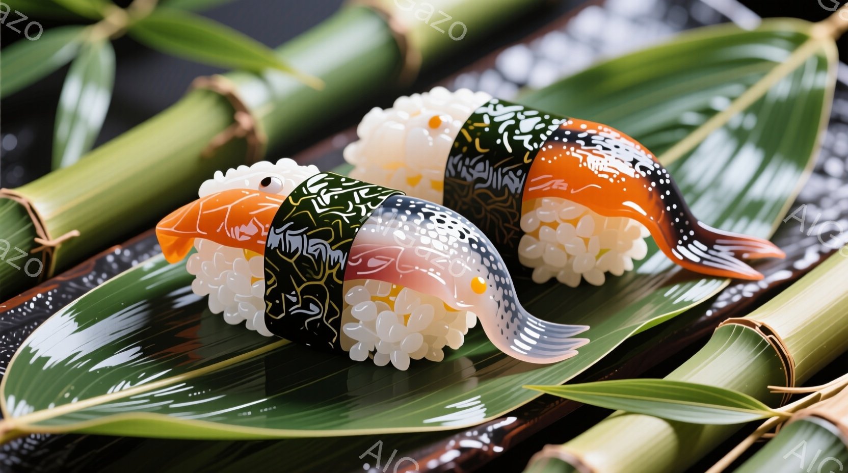 鮮やかな色彩の2匹の魚が、まるで生きているかのように竹の葉の上で寄り添っています。魚の体は、複雑な模様とオレンジ、黒、白のグラデーションで彩られ、まるで芸術作品のようです。背景には緑色の竹の葉が広がり、自然の中で生き生きとした魚たちの姿が、穏やかで美しい雰囲気を醸し出しています。