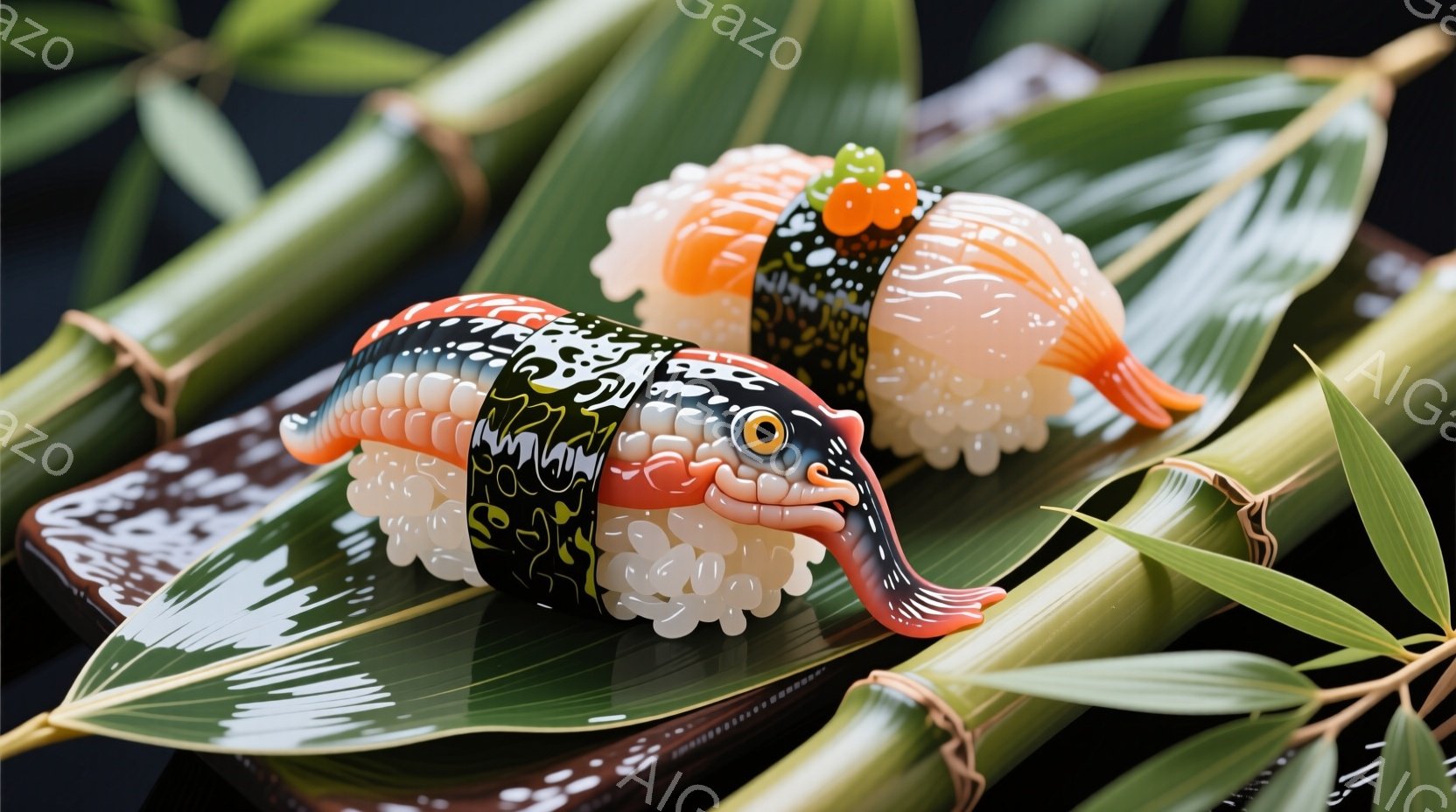 鮮やかな緑の竹の葉の上に、まるで生きているかのような寿司の化身が横たわっています。黒い模様が特徴的な巻き寿司の体は、オレンジ色の尾びれと突き出た舌でユーモラスな表情を見せ、その頭の上にはイクラが乗っています。全体的にコミカルで遊び心に満ちた雰囲気で、ファンタジーと食の世界が融合したような印象を与えます。