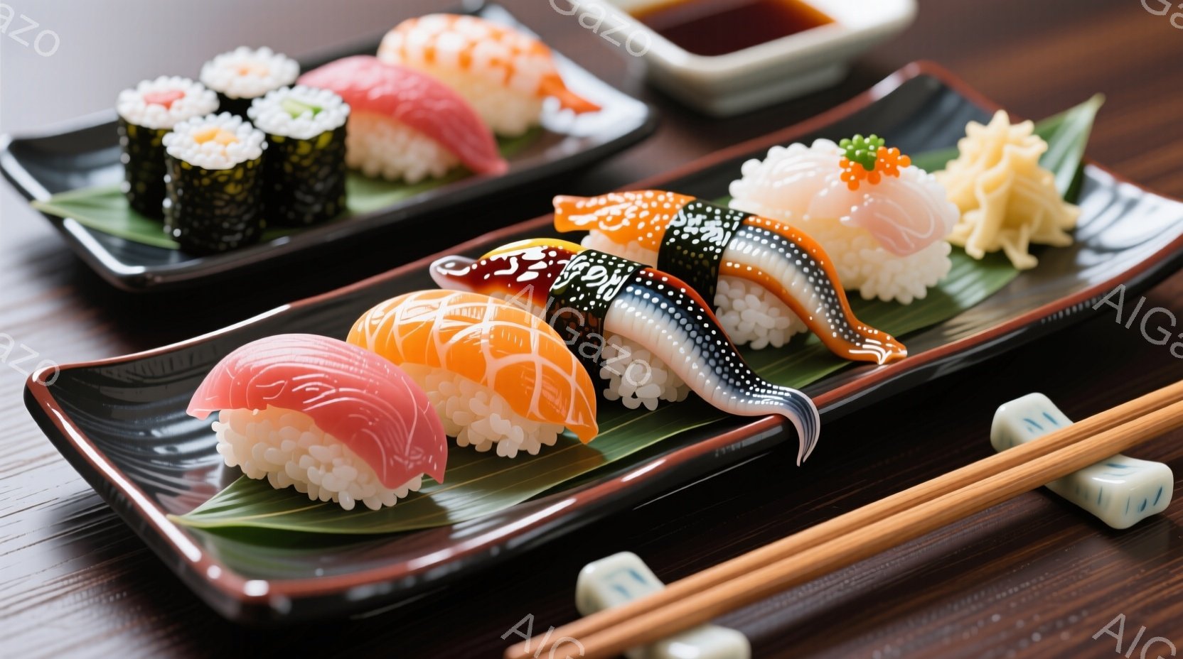 鮮やかな寿司の盛り合わせが、黒い長方形の皿に美しく並べられています。マグロ、サーモン、イカなど、様々な種類の寿司が、緑色の葉とともにおいしそうに盛り付けられています。背景には、醤油の入った小さな器と、 - AI生成フリー素材