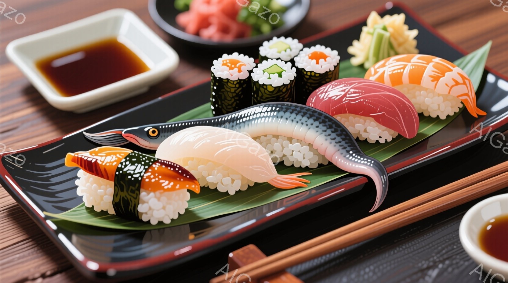 鮮やかな寿司の盛り合わせが黒い長方形の皿に美しく並べられています。巻き寿司、マグロ、サーモン、アジなどの様々な種類の寿司が、醤油とガリと一緒に、木製のテーブルの上に置かれています。全体的に、美味しそう - AI生成フリー素材