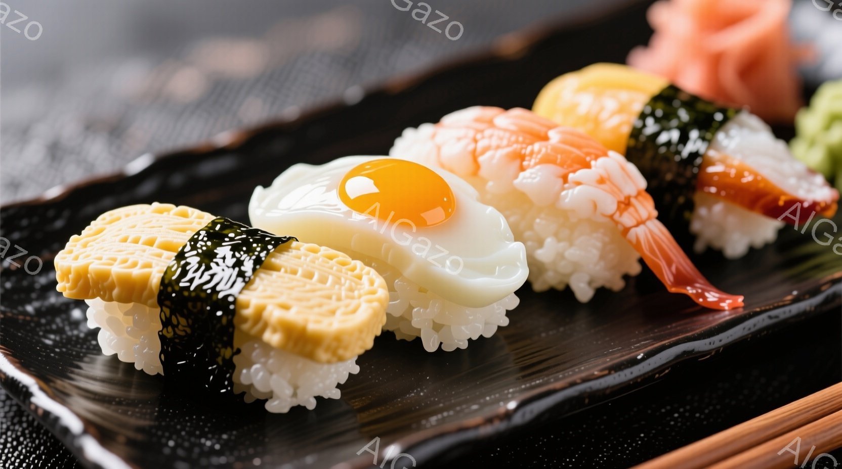 漆黒の皿の上に、様々な寿司ネタが並べられています。海老天、卵焼き、そして何か黄色い食材が海苔で巻かれた寿司が特徴的です。全体的に光沢があり、食欲をそそる構図となっています。