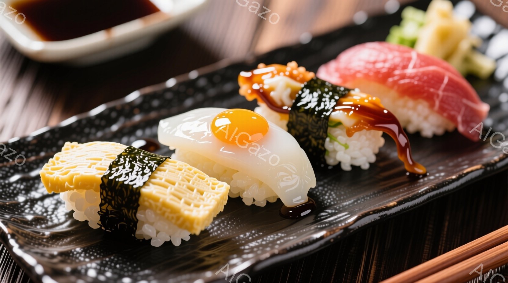 漆黒の皿の上に、海苔で巻かれた寿司が3つ並んでいる。一つはフカヒレのような見た目の寿司、もう一つは卵黄が乗った白身魚の寿司、そして最後は赤身のマグロの寿司で、それぞれに甘辛いタレがかけられている。背景には竹製の寿司桶と醤油皿が見え、高級感があり、食欲をそそる雰囲気である。