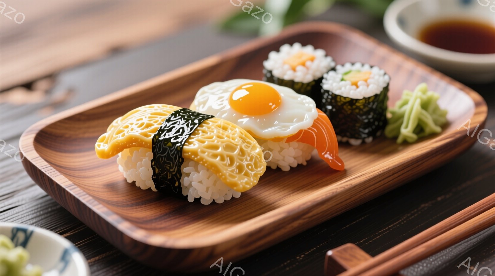 焼き魚の形をした寿司と、海苔巻きが木製の皿に盛り付けられています。皿の横には、細長く切ったキュウリの浅漬けが添えられ、小さな醤油皿と箸が並んでいます。暖色系の木製の背景と料理の色彩が組み合わさり、食欲 - AI生成フリー素材