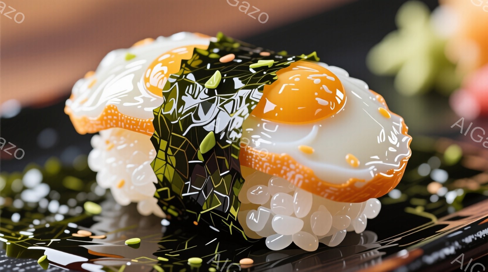 鮮やかなオレンジ色の卵黄と白いご飯が、緑色の海苔で包まれた握り寿司が中央に配置されています。黒い皿の上に散りばめられた小さな緑とオレンジの粒がアクセントとなり、背景にはぼやけた緑色の植物が見えます。全体的に、モダンで食欲をそそる、美しい寿司のアップ写真です。