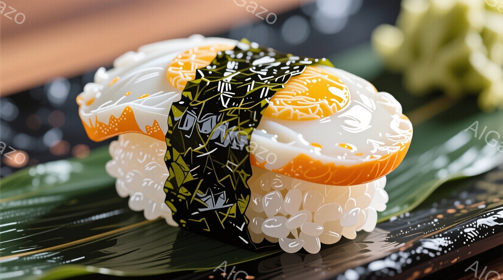 鮮やかなオレンジと白の縞模様の魚介類が、黒い海苔でしっかりと巻かれたご飯の上に載っています。背景には竹の葉が敷かれ、わずかにぼやけた背景が、この寿司の鮮やかさを引き立てています。全体的に、美味しそうな寿司のクローズアップショットであり、食欲をそそる雰囲気が漂っています。