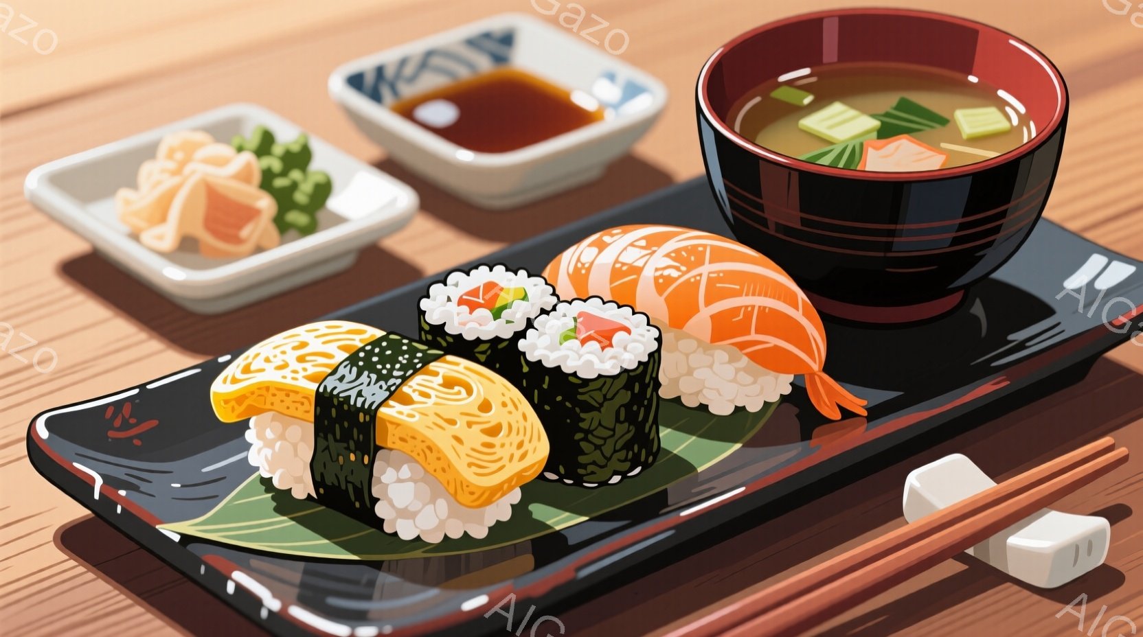 漆塗りの皿に、様々な種類の寿司が美しく盛り付けられています。エビ、卵焼き、カニカマなどを巻き込んだ寿司が並び、その隣にはお吸い物が置かれ、さらに漬物が添えられています。 箸と白い四角い醤油皿も確認でき - AI生成フリー素材