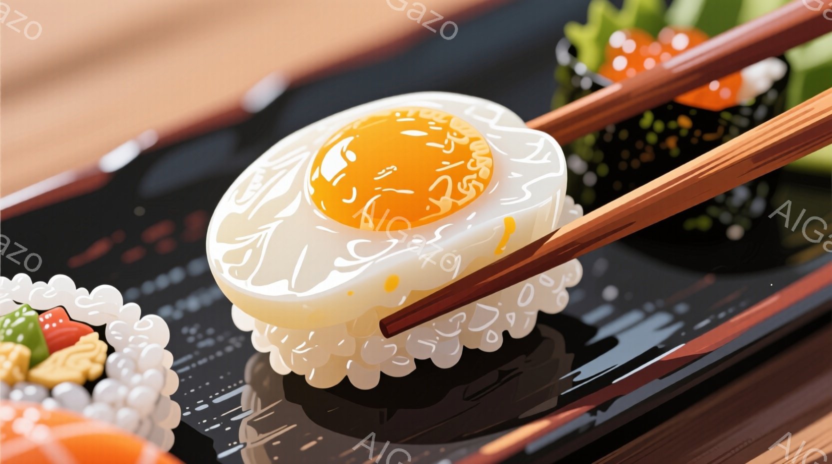 漆黒の皿の上に、白く縁取られた寿司が盛り付けられています。鮮やかなオレンジ色の具材が白米と混ざり合い、茶色の箸が寿司を挟んでいます。背景には他の寿司が見え、光沢のある表面が美味しさを引き立てています。 - AI生成フリー素材