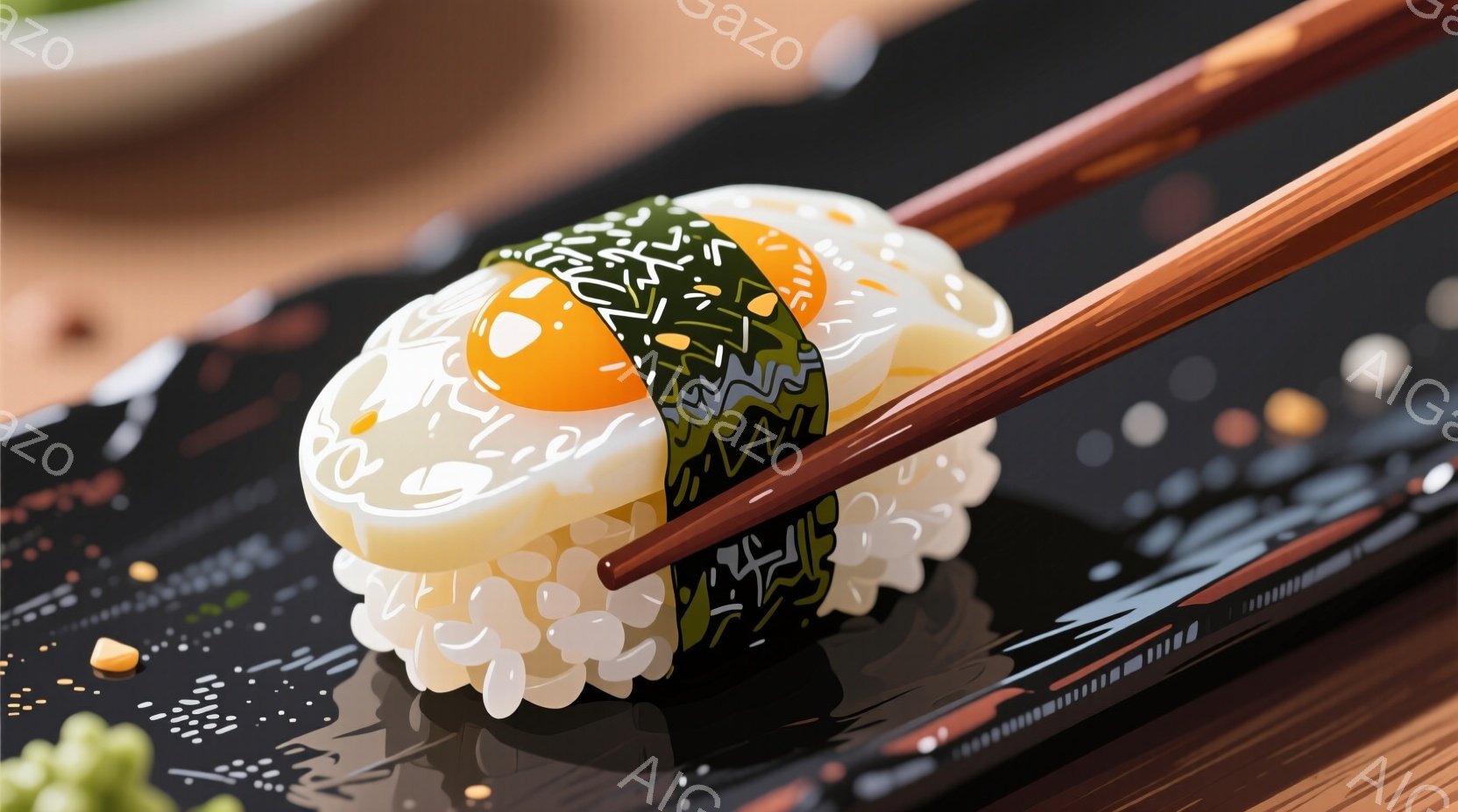 黒い皿の上に置かれた、シャリと鮭が乗った寿司が描かれている。寿司は棒で挟まれており、皿の表面には醤油や緑色の粒が散りばめられている様子がわかる。全体的に光沢があり、寿司の鮮やかな色が印象的で、食欲をそそる雰囲気が漂っている。