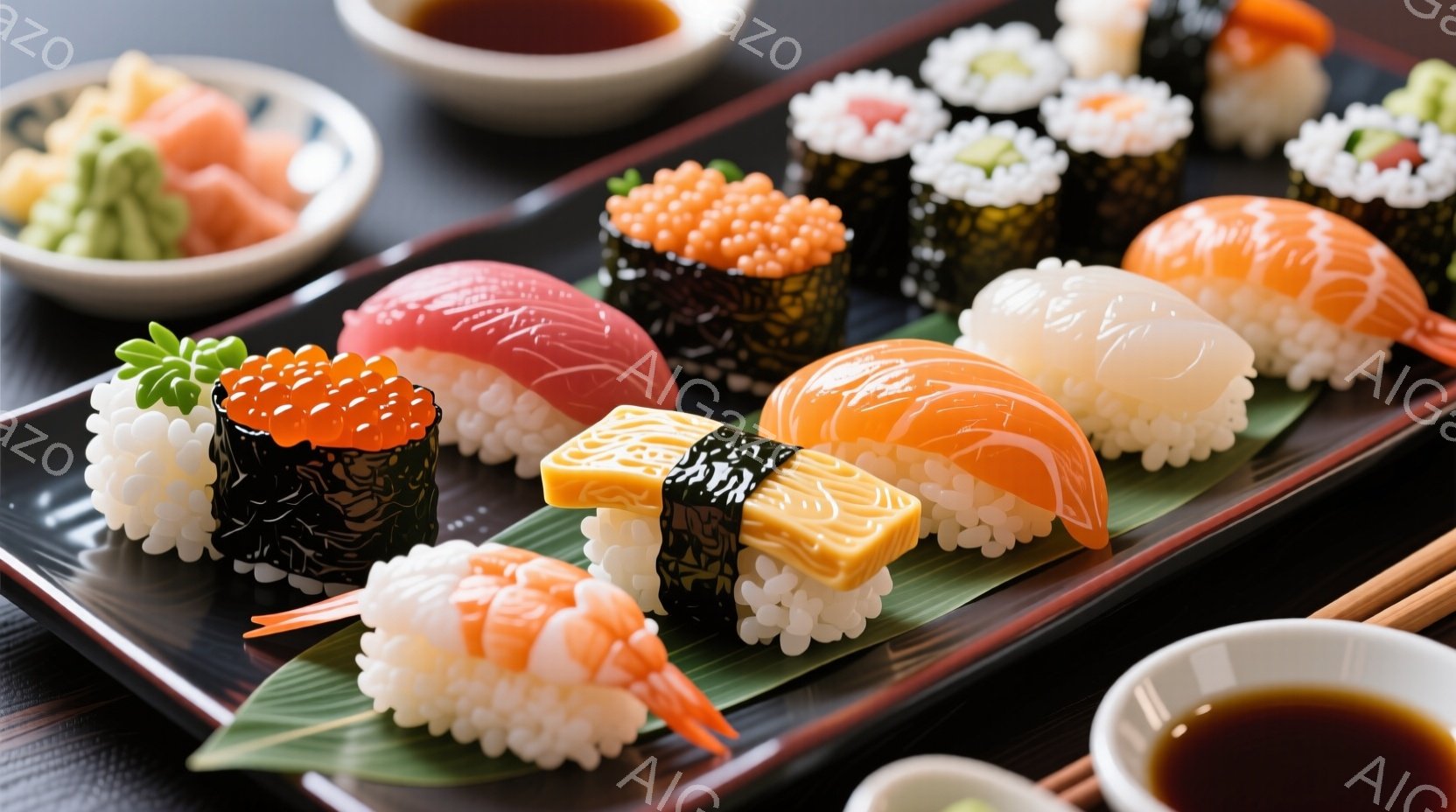 漆塗りの皿の上に、様々な寿司が並べられています。マグロ、サーモン、エビ、イクラ、卵焼き、貝柱など、色とりどりのネタが乗っており、緑色の葉が添えられています。小皿には醤油と生姜のガリが置かれ、背景は木目調で、全体的に上品で食欲をそそる雰囲気です。