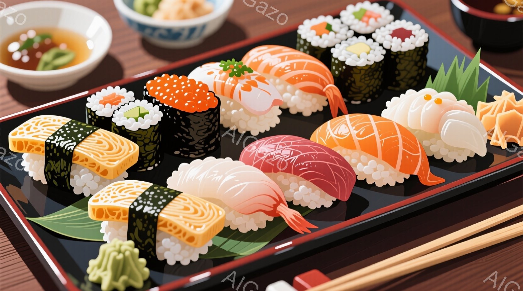 鮮やかな寿司の盛り合わせが黒い長方形の皿に美しく並べられています。エビ、マグロ、サーモン、イクラなど、様々な種類の寿司が、緑色の添え物とともに彩りを添えています。背景には、醤油を入れた小皿と、箸が写っており、食欲をそそる雰囲気が漂っています。