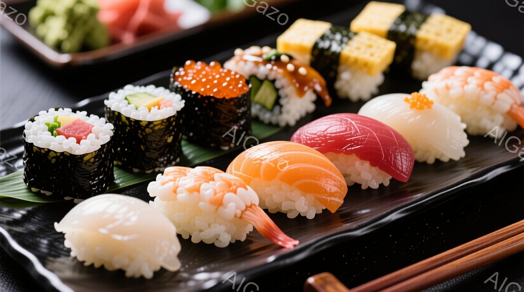 黒い皿の上に、様々な種類の握り寿司が美しく並べられています。マグロ、エビ、イクラ、カニカマ、卵焼きなど、色とりどりの寿司ネタが、白米と海苔のコントラストで引き立てられています。背景には、生姜のピンク色 - AI生成フリー素材