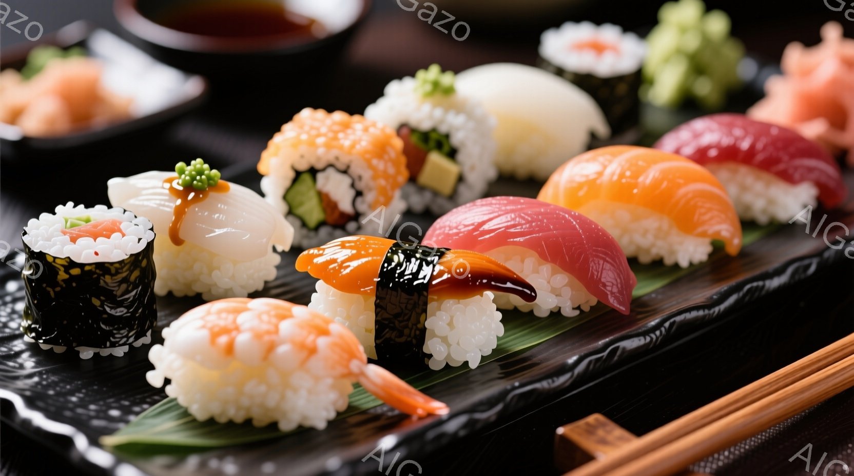 盛り合わせの寿司が黒い皿に美しく並べられています。マグロ、サーモン、エビ、カニカマ、キュウリ、卵などの様々な具材が使われ、それぞれがシャリと海苔に包まれています。添えられた醤油とワサビ、そして箸が、本格的な寿司体験を予感させます。