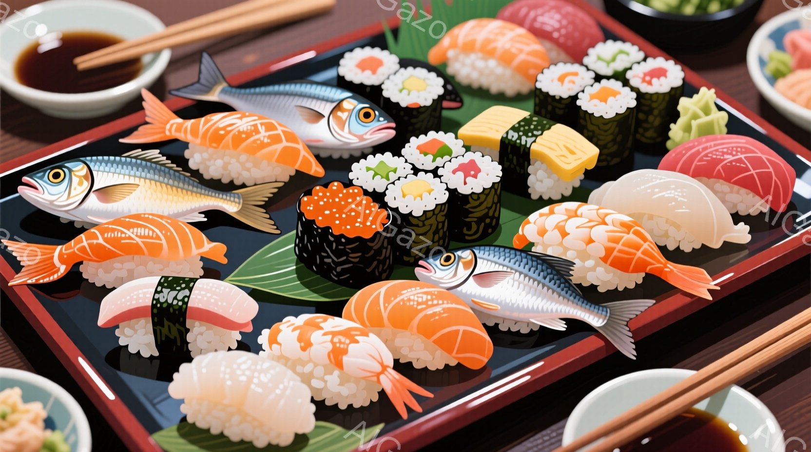 鮮やかな寿司の盛り合わせが黒い長方形の皿に美しく並べられています。様々な種類の握り寿司、巻き寿司、そして新鮮な魚が、緑の葉とともにお皿を彩り、食欲をそそります。背景には醤油皿と箸があり、上品な食卓の雰囲気が漂っています。