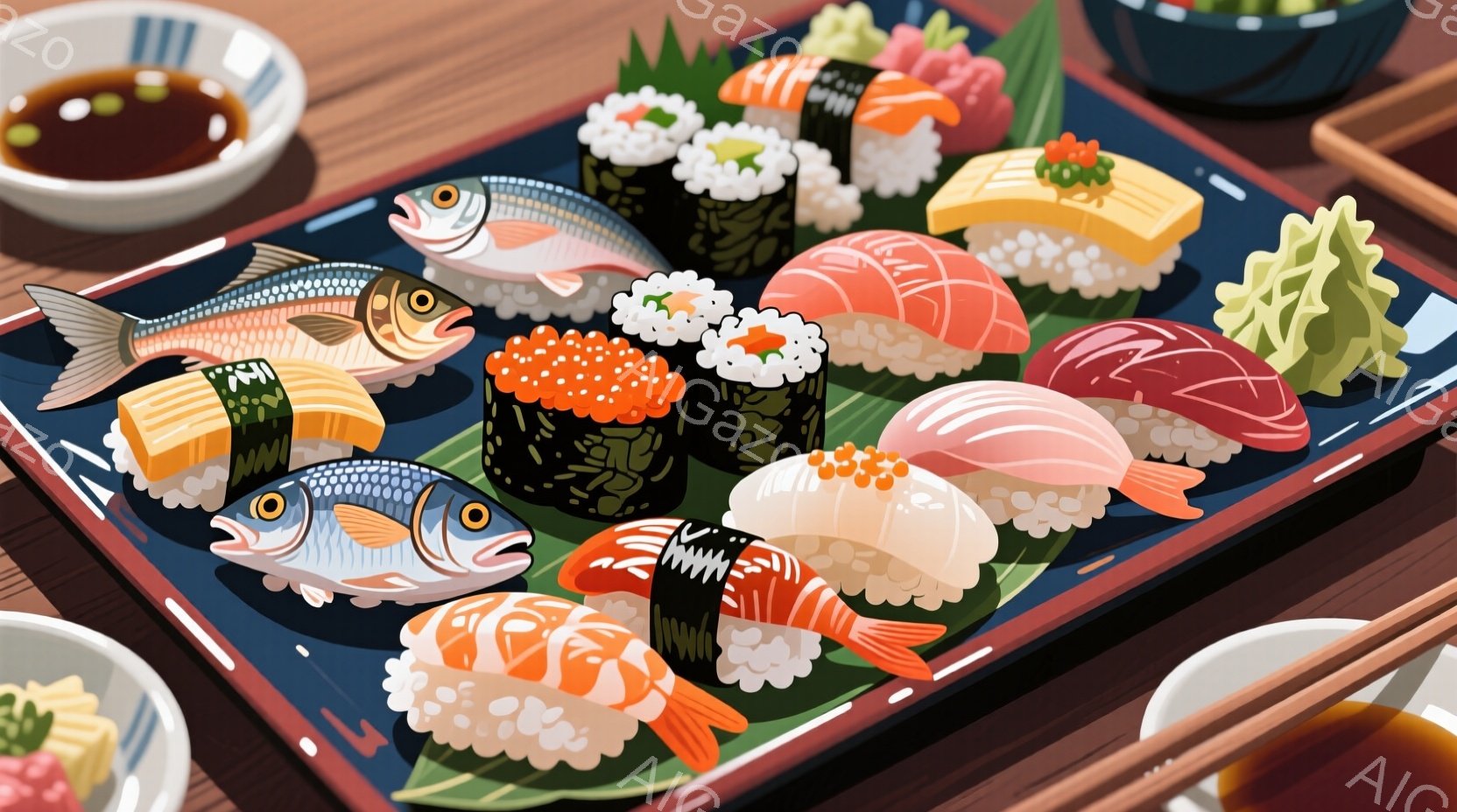 鮮やかな寿司の盛り合わせが木製のトレーに並べられています。様々な種類の握り寿司、軍巻き、そして新鮮な魚が彩りを添え、背景には醤油皿と箸が添えられています。全体的に清潔感があり、食欲をそそる、落ち着いた雰囲気です。