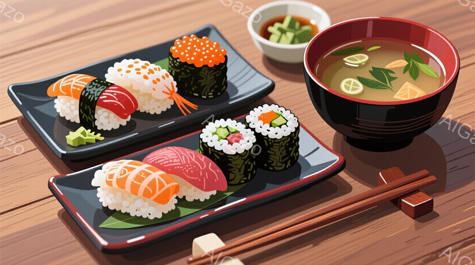 鮮やかな寿司と味噌汁が木製のテーブルに並べられています。様々な種類の握り寿司と巻き寿司があり、緑色の葉っぱの飾り付けが添えられています。全体的に暖色系の色合いで、食欲をそそる雰囲気です。