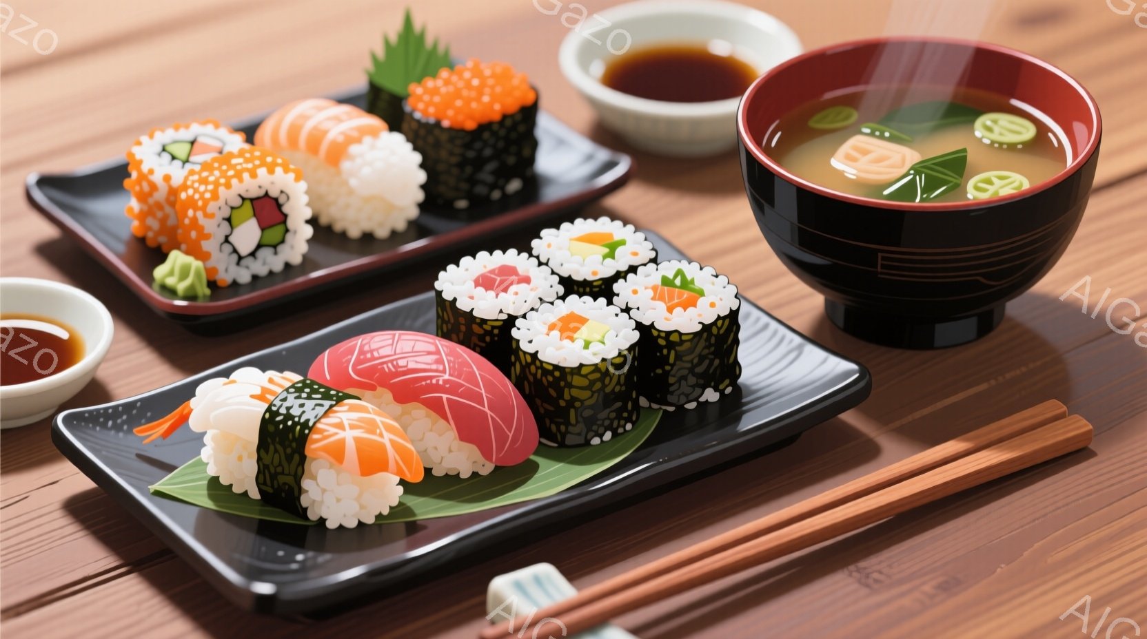 鮮やかな寿司が木製のテーブルの上に並べられています。様々な種類の握り寿司と巻き寿司が、黒い皿と茶色の汁椀と共に配置され、隣には箸が置かれています。全体的に落ち着いた色合いで、日本の食文化を感じさせる静かで上品な雰囲気です。
