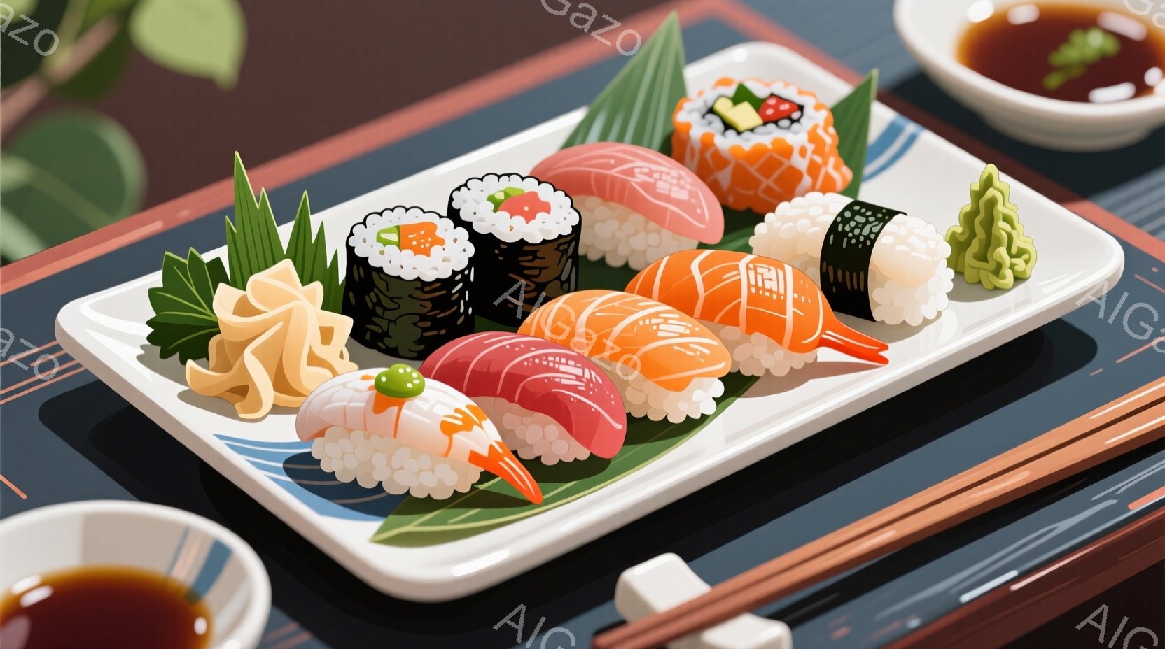 白い長方形の皿に、様々な種類の寿司が美しく盛り付けられています。海苔巻き、光り物、貝柱、エビ、イカなど、色とりどりの寿司が葉っぱや大根のツケモノと共に、食欲をそそるように配置されています。背景には、箸 - AI生成フリー素材