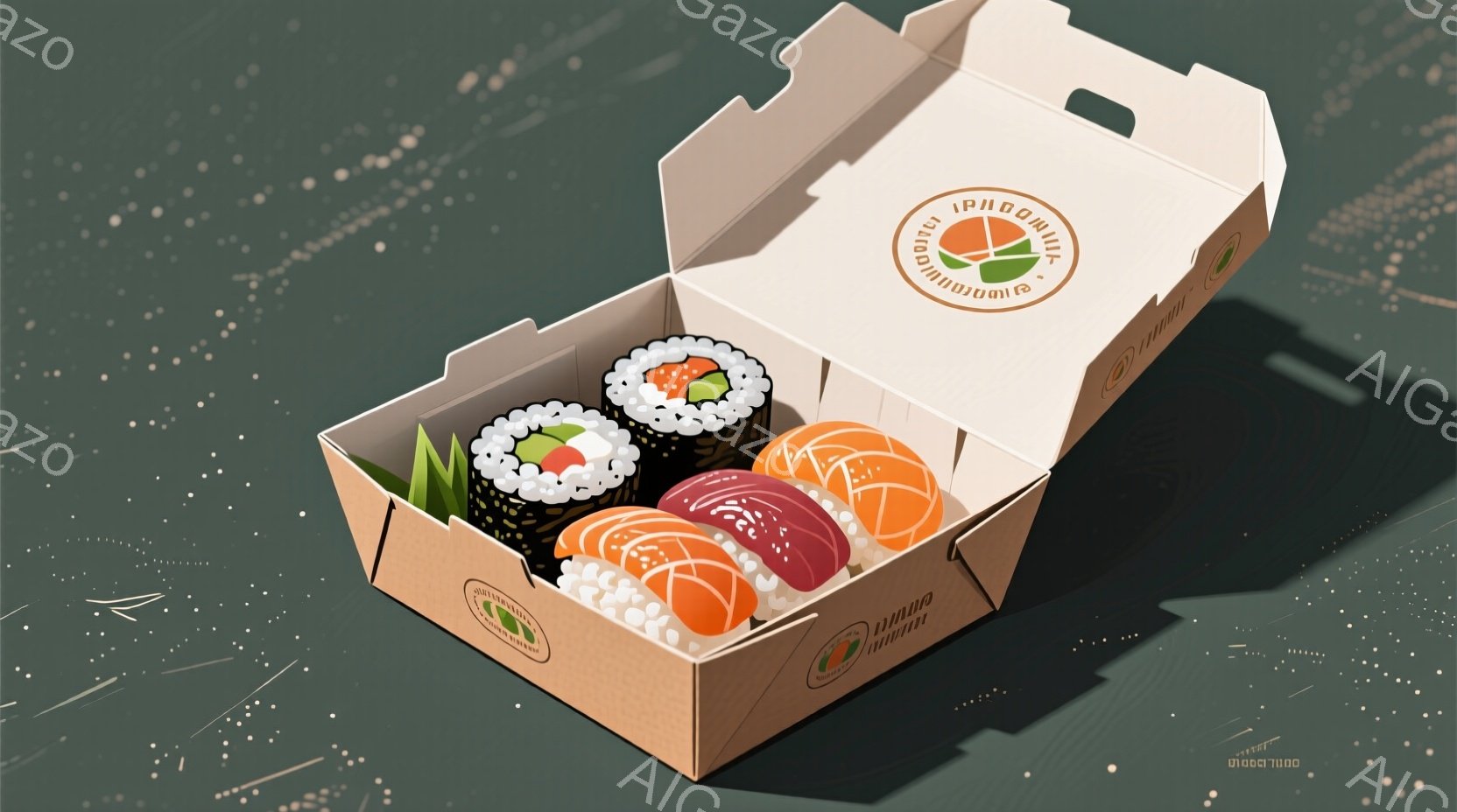 茶色いテイクアウト容器の中に、様々な寿司が並べられています。マグロ、サーモン、エビ、カニカマなどが使われた巻き寿司や握り寿司が見て取れます。背景は緑色のグラデーションで、容器の側面に円形のロゴマークが描かれています。